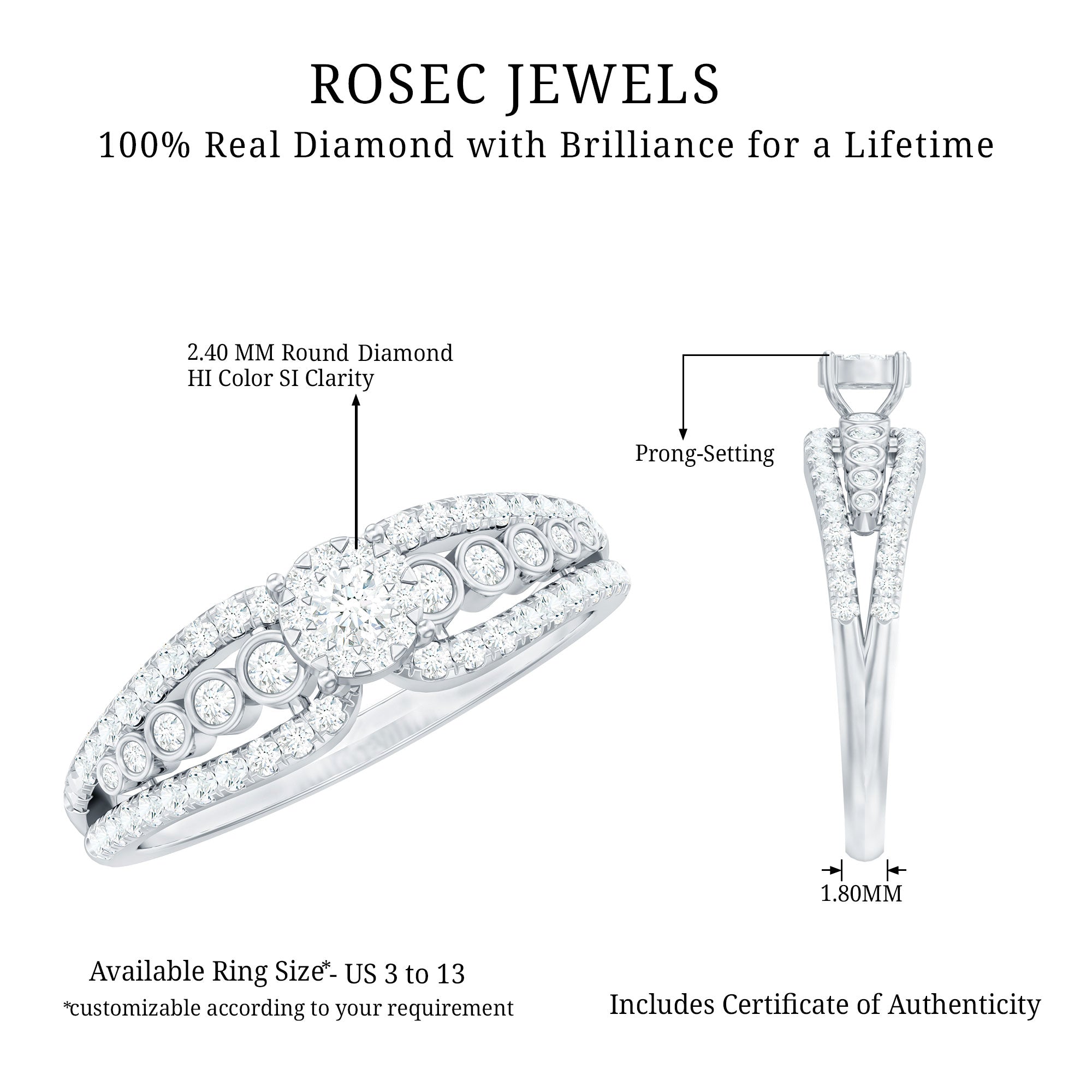 Diamond Designer Engagement Ring with Side Stones Natural - ( HI-SI ) - Rosec Jewels