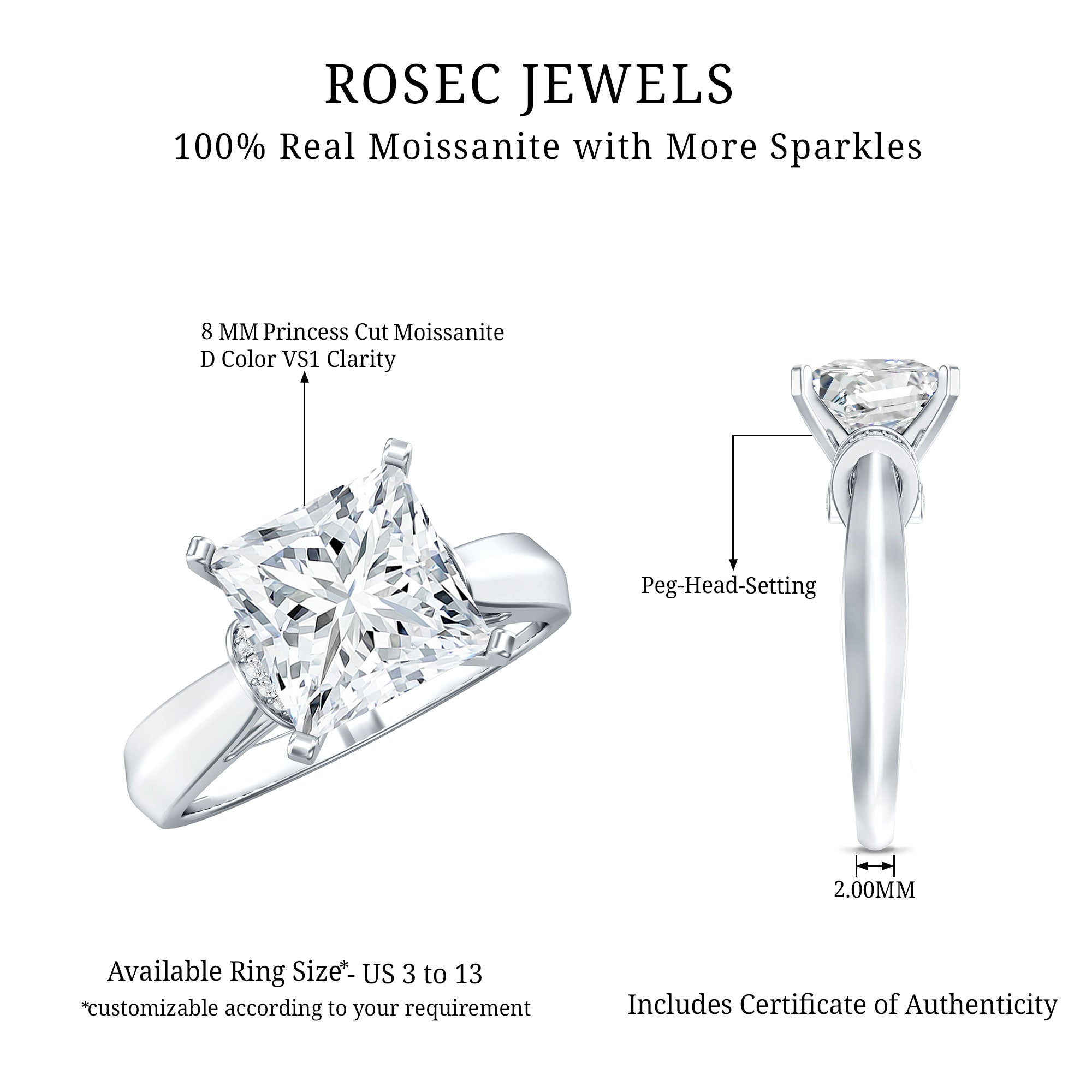Princess Cut Certified Moissanite Solitaire Engagement Ring D-VS1 - Rosec Jewels