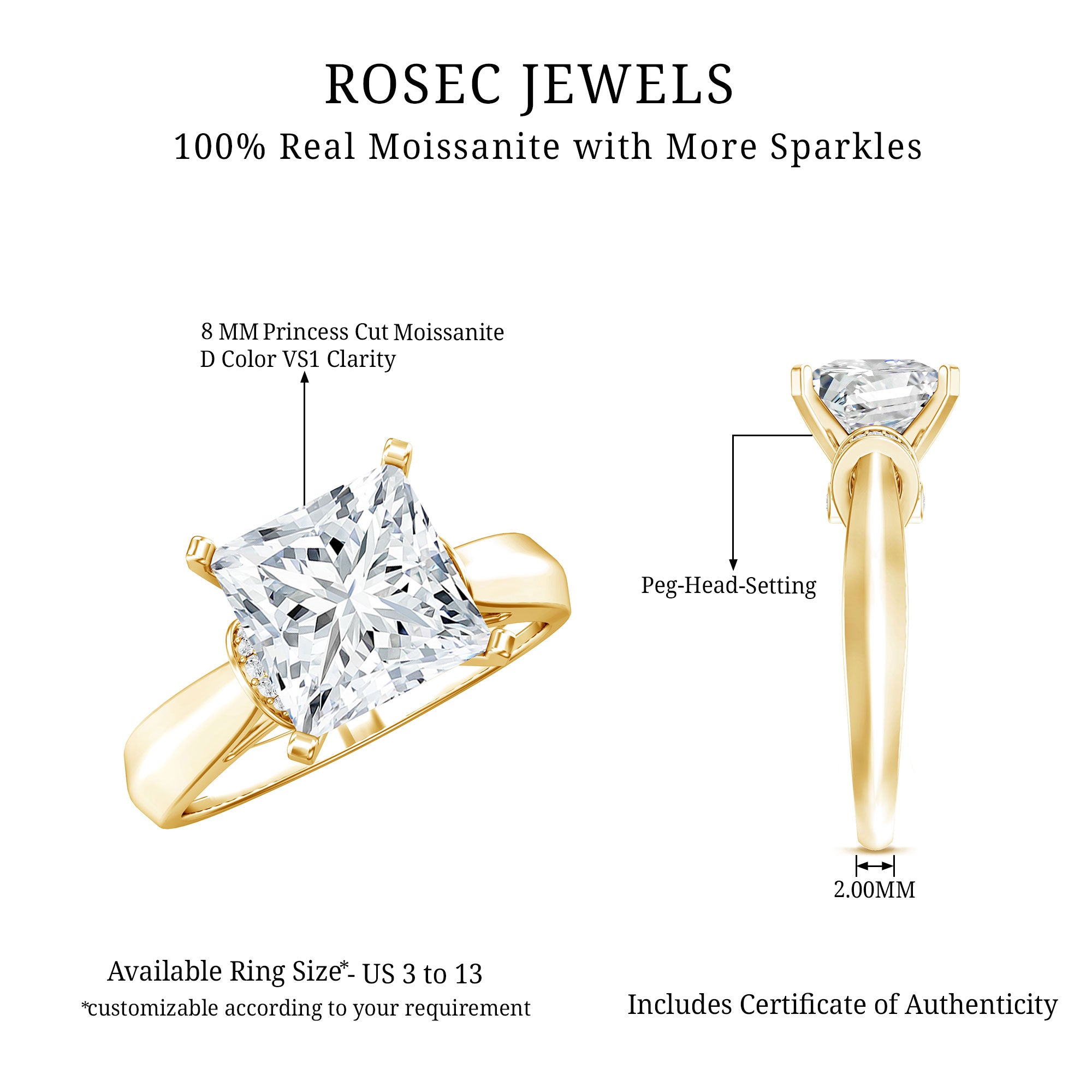 Princess Cut Certified Moissanite Solitaire Engagement Ring D-VS1 - Rosec Jewels