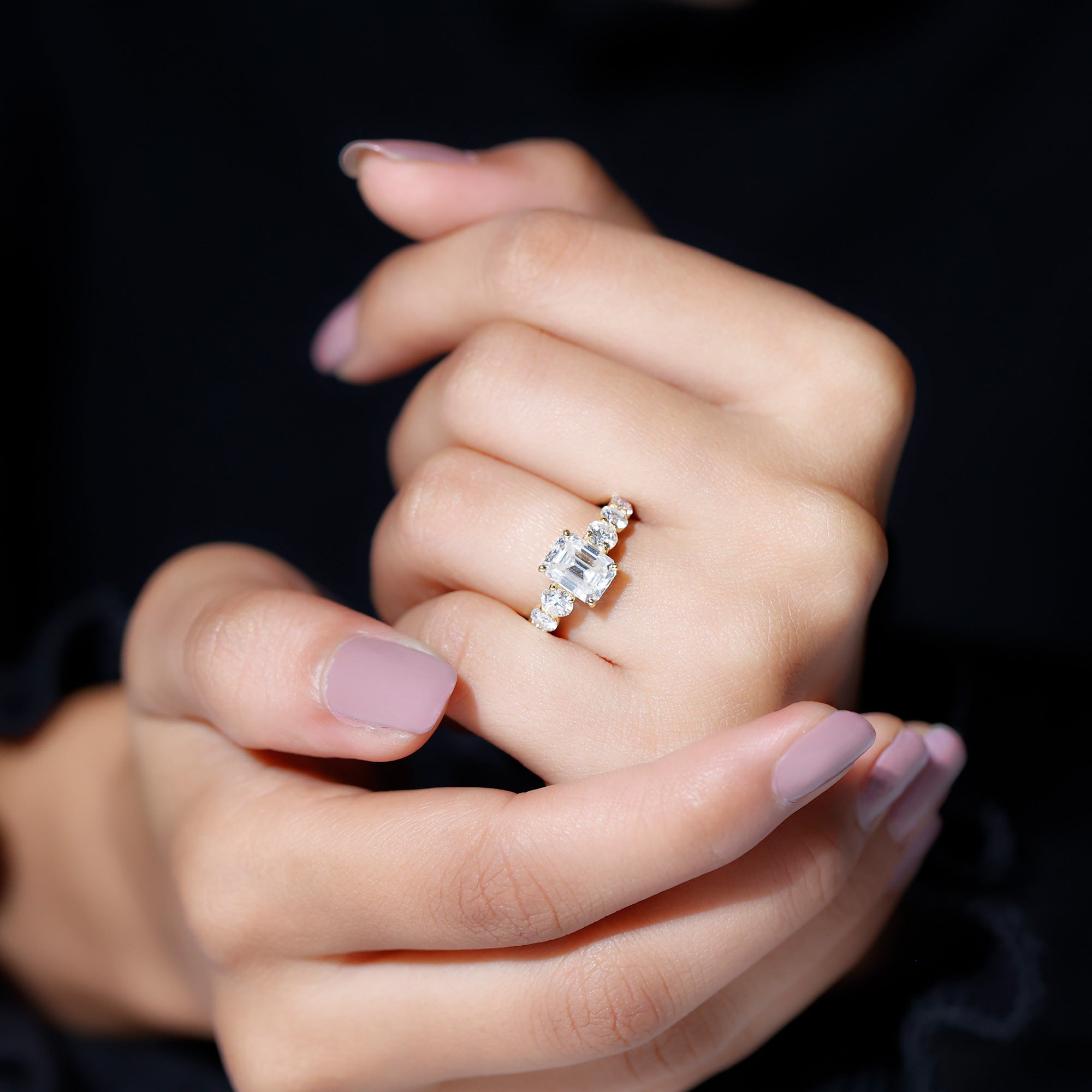 1.8 Carat Emerald Cut Moissanite Side Stone Engagement Ring with Certificate D-VS1 - Rosec Jewels