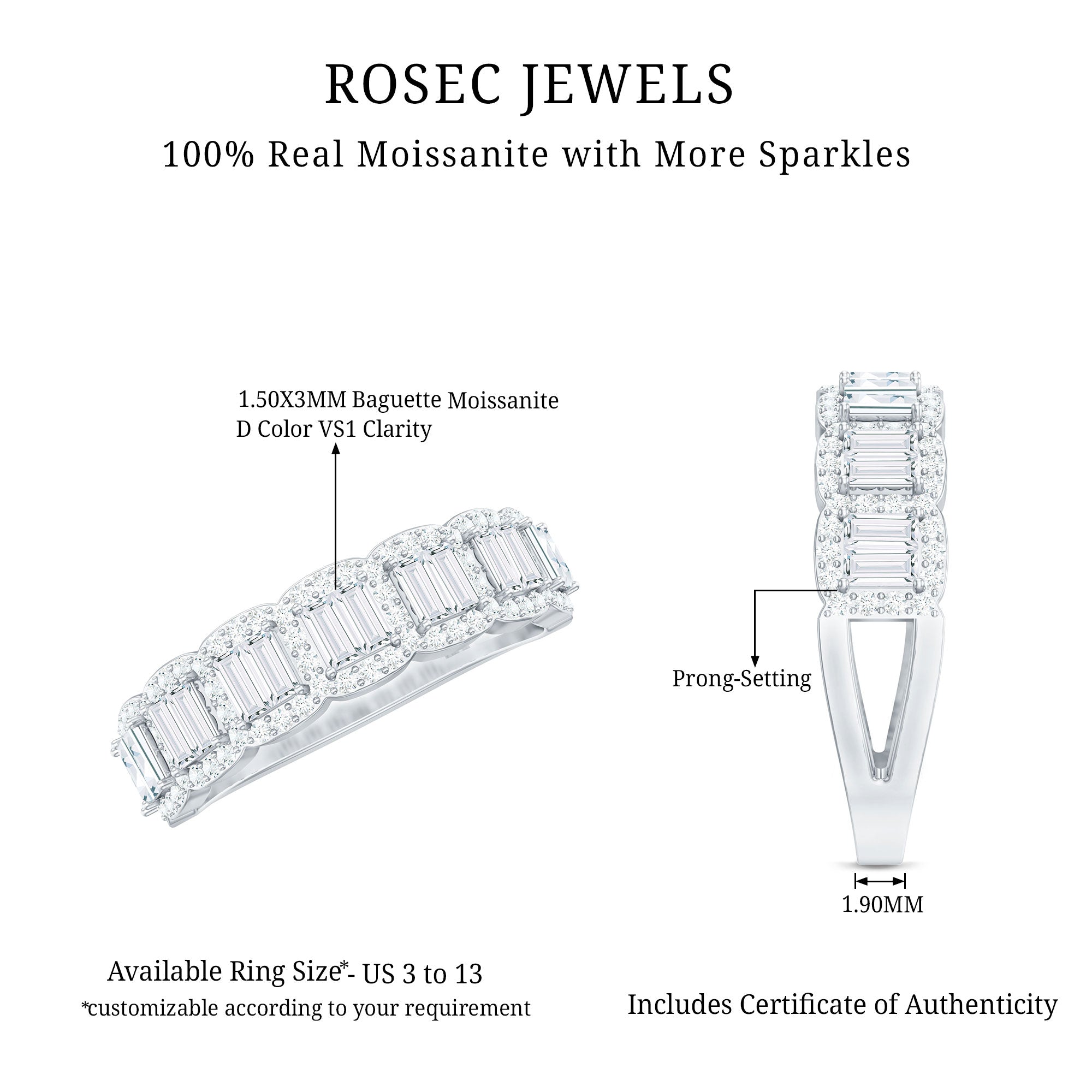 Designer Baguette Moissanite Half Eternity Band Ring D-VS1 - Rosec Jewels