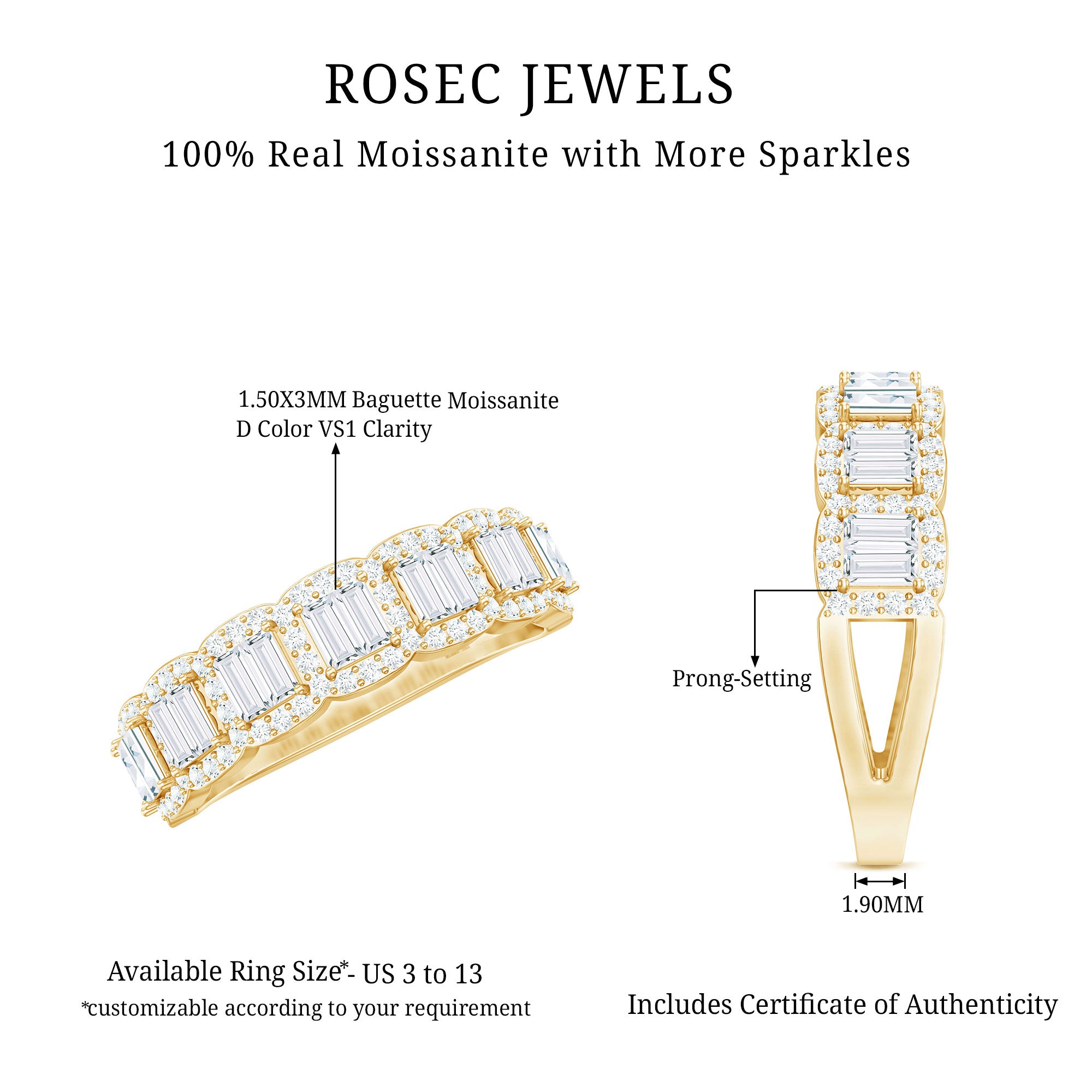 Designer Baguette Moissanite Half Eternity Band Ring D-VS1 - Rosec Jewels