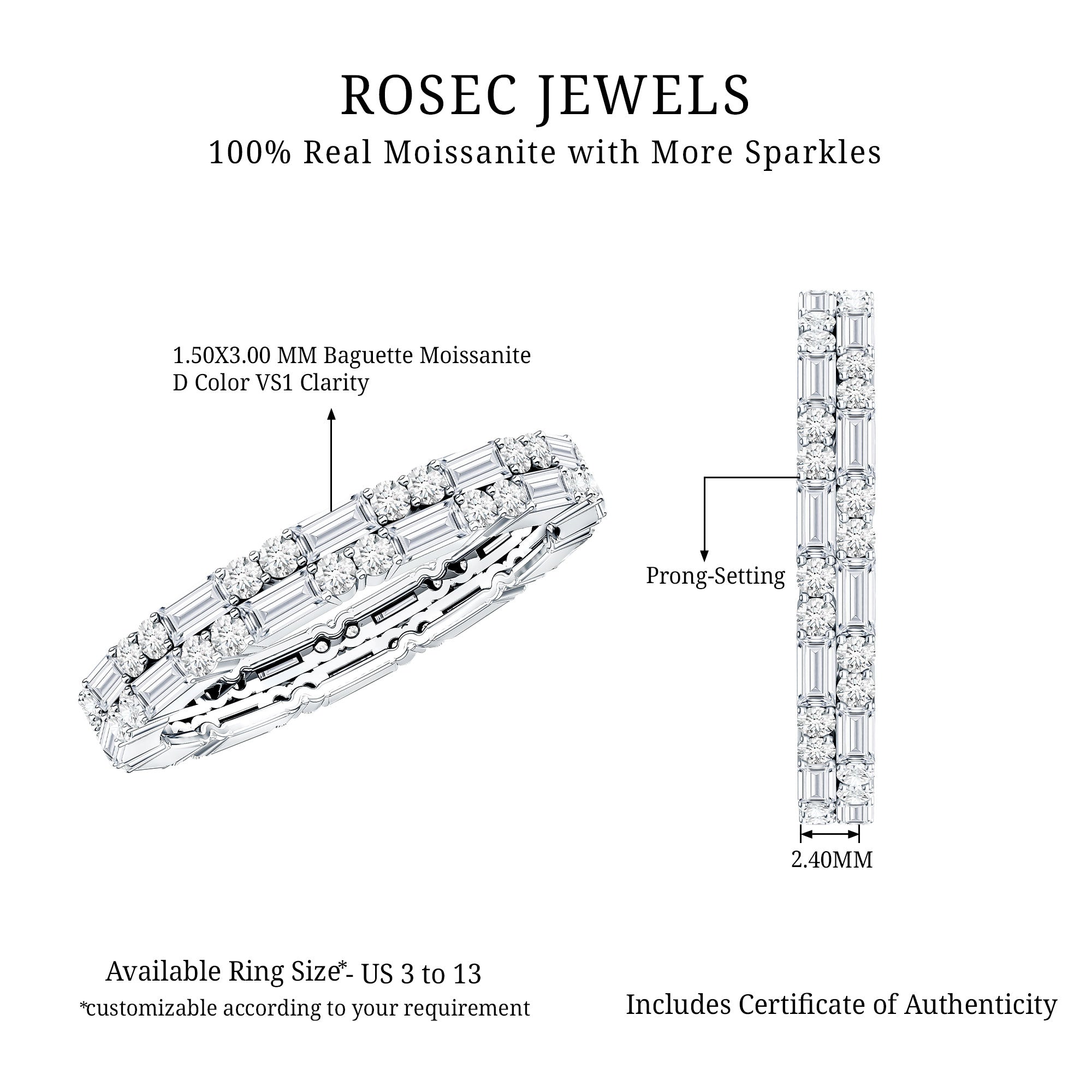Double Row Moissanite Stackable Eternity Band Ring D-VS1 - Rosec Jewels