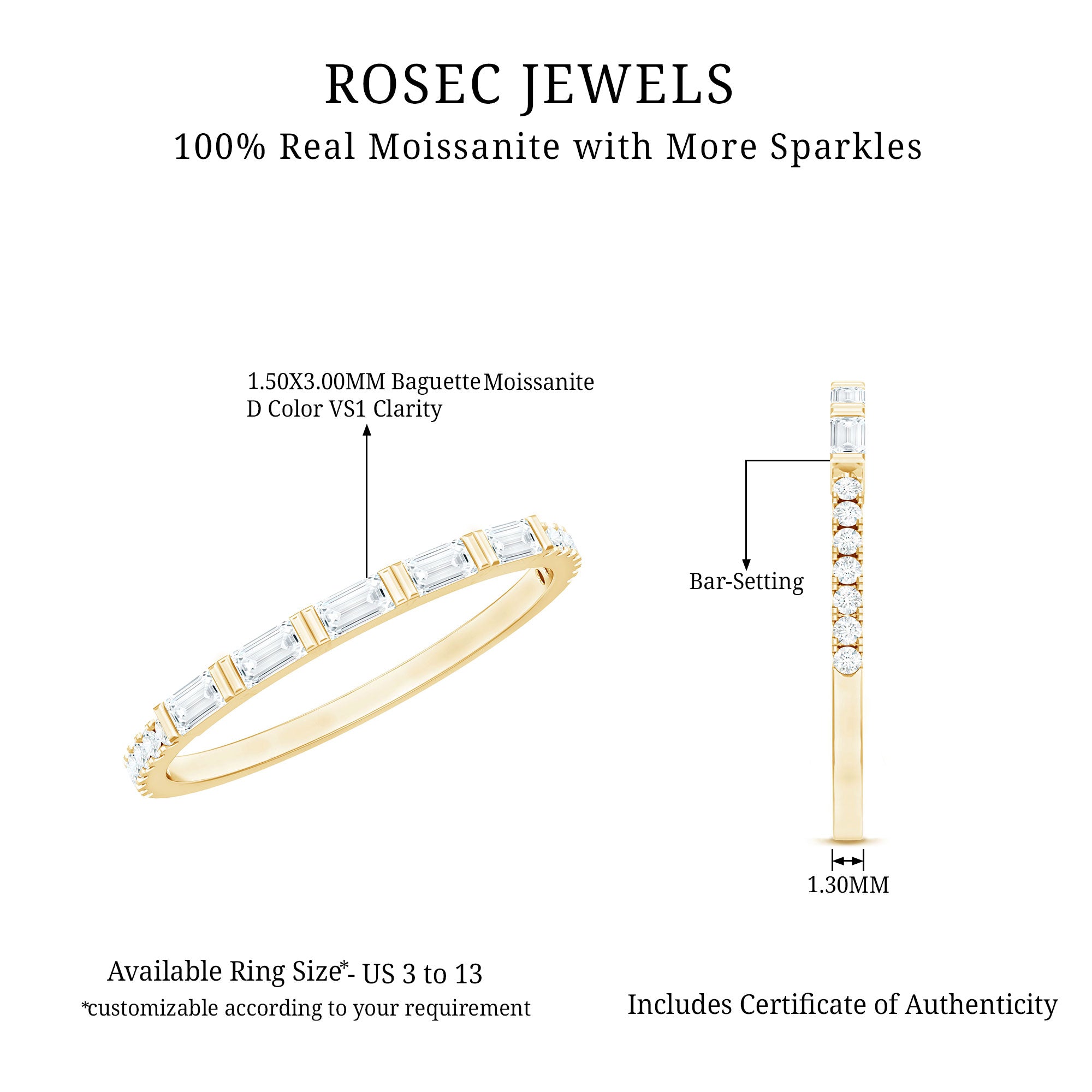 Baguette Shape Moissanite Stackable Ring in Bar Setting D-VS1 - Rosec Jewels