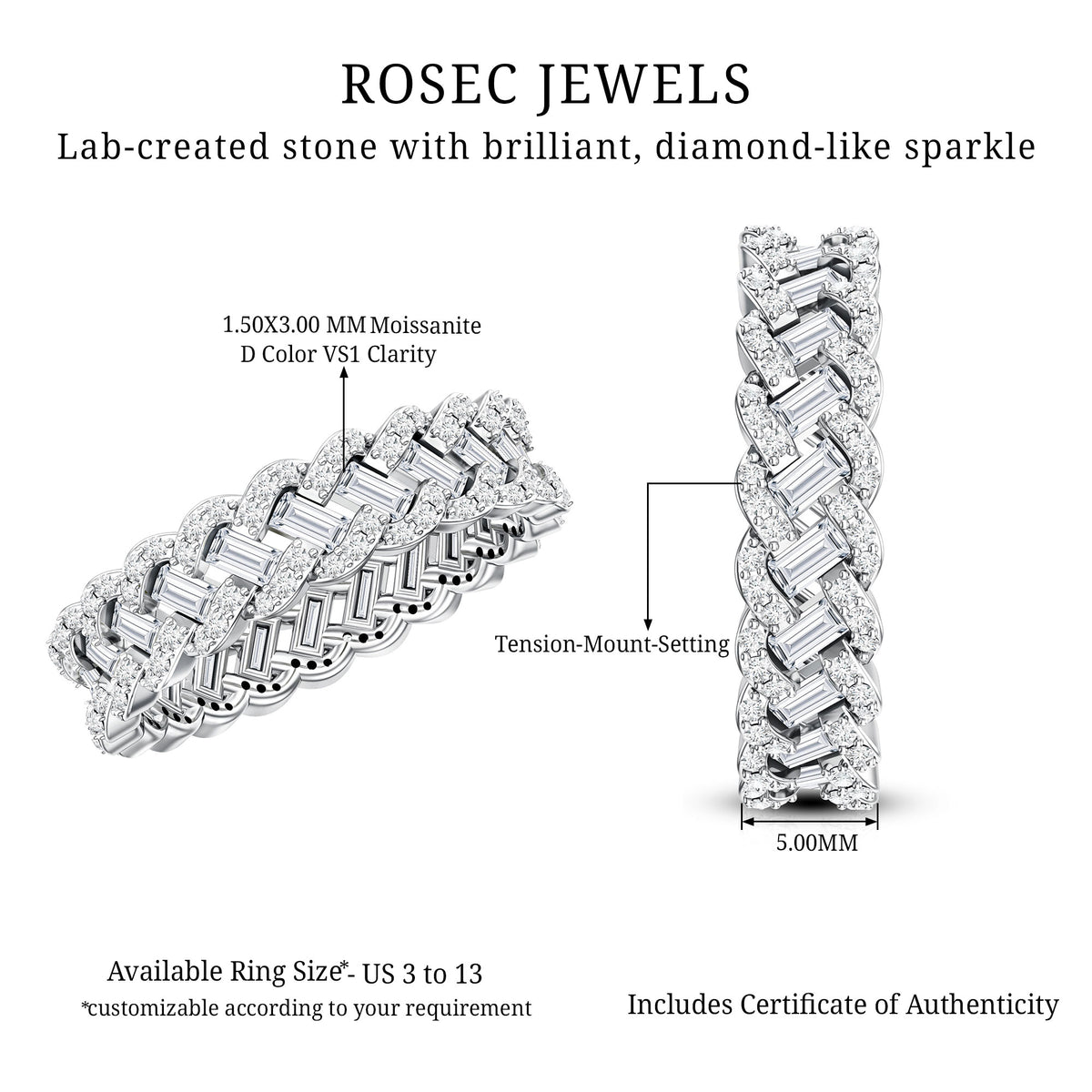 Baguette and Round Moissanite Braided Wedding Band D-VS1 - Rosec Jewels