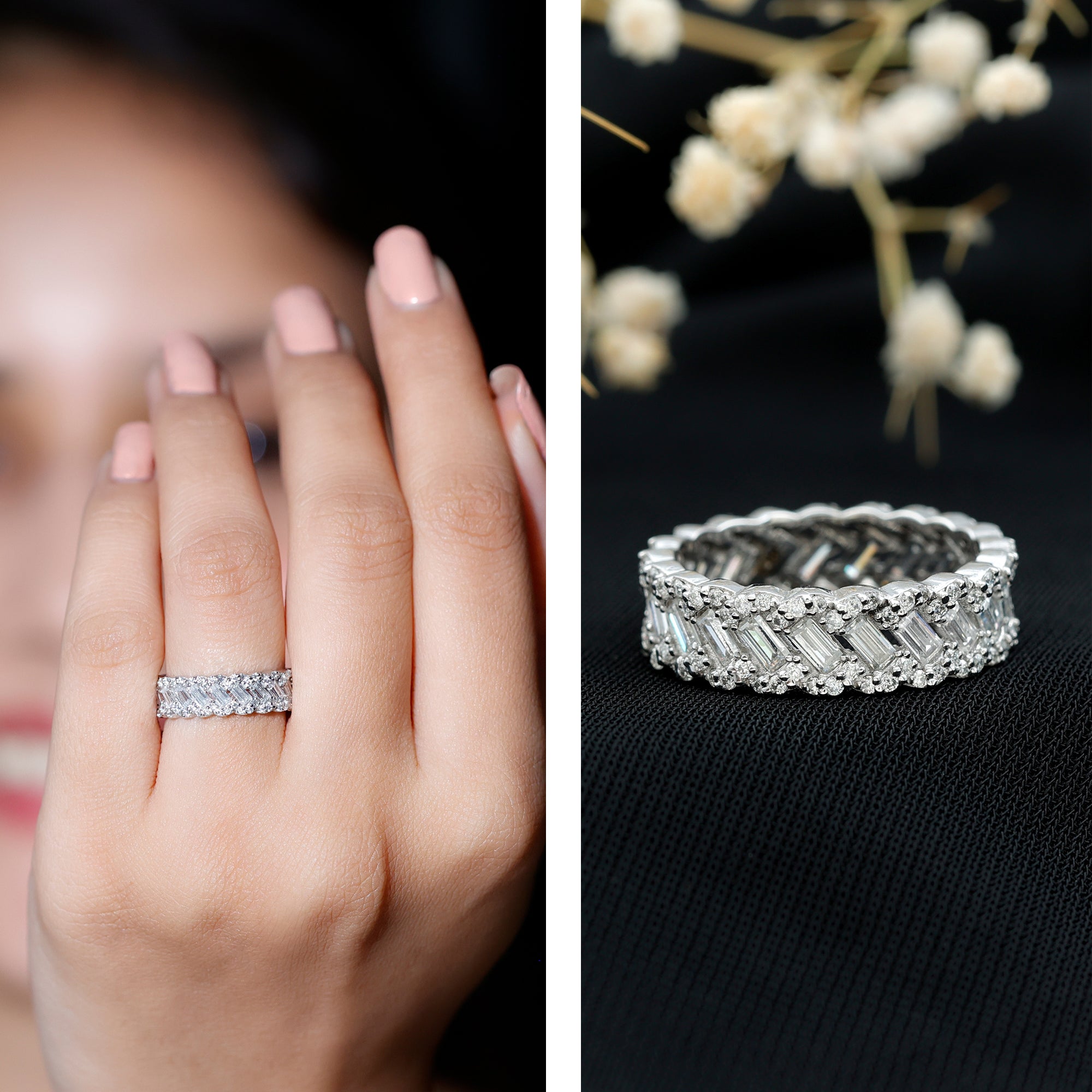 Baguette and Round Moissanite Braided Wedding Band D-VS1 - Rosec Jewels