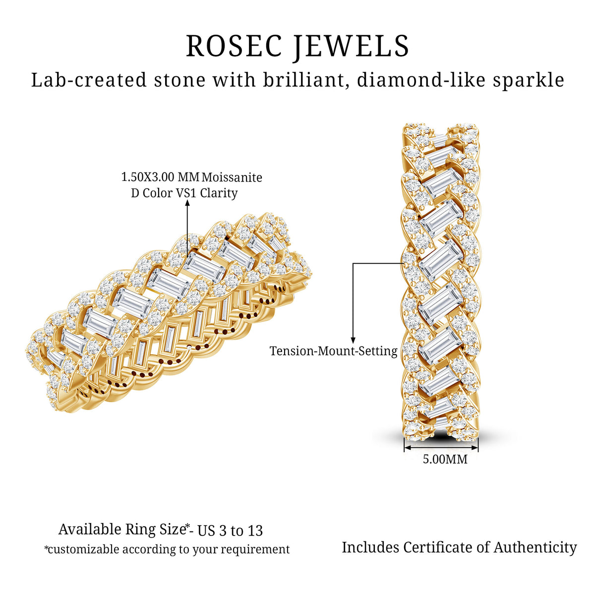 Baguette and Round Moissanite Braided Wedding Band D-VS1 - Rosec Jewels