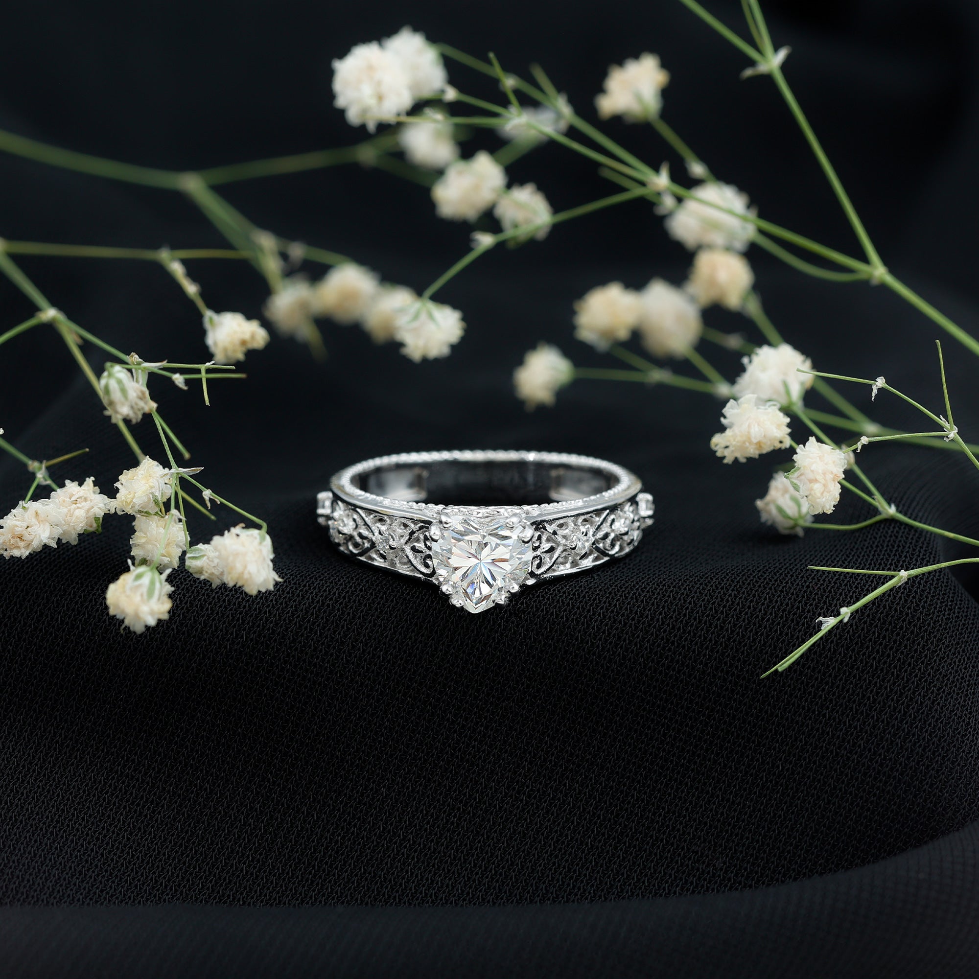 Rosec Jewels-Heart Shape Moissanite Filigree Style Engagement Rings