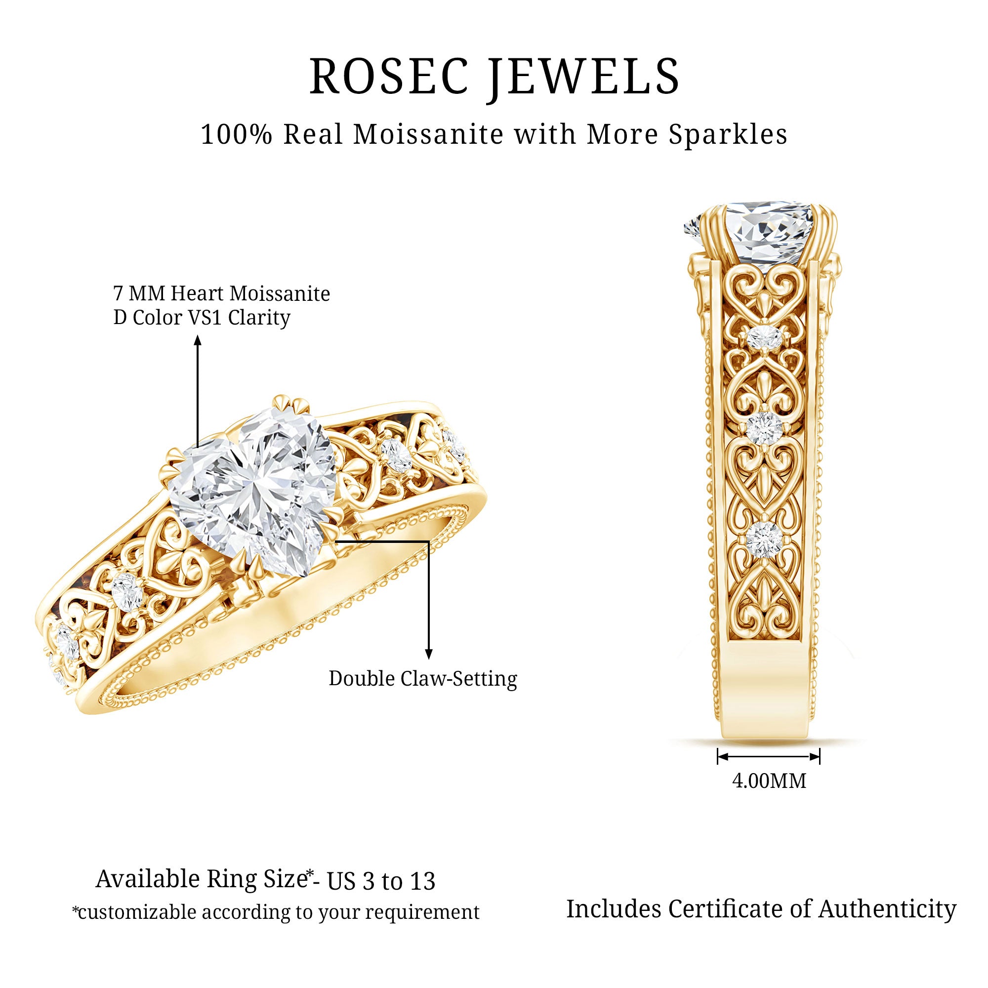 Rosec Jewels-Heart Shape Moissanite Filigree Style Engagement Rings