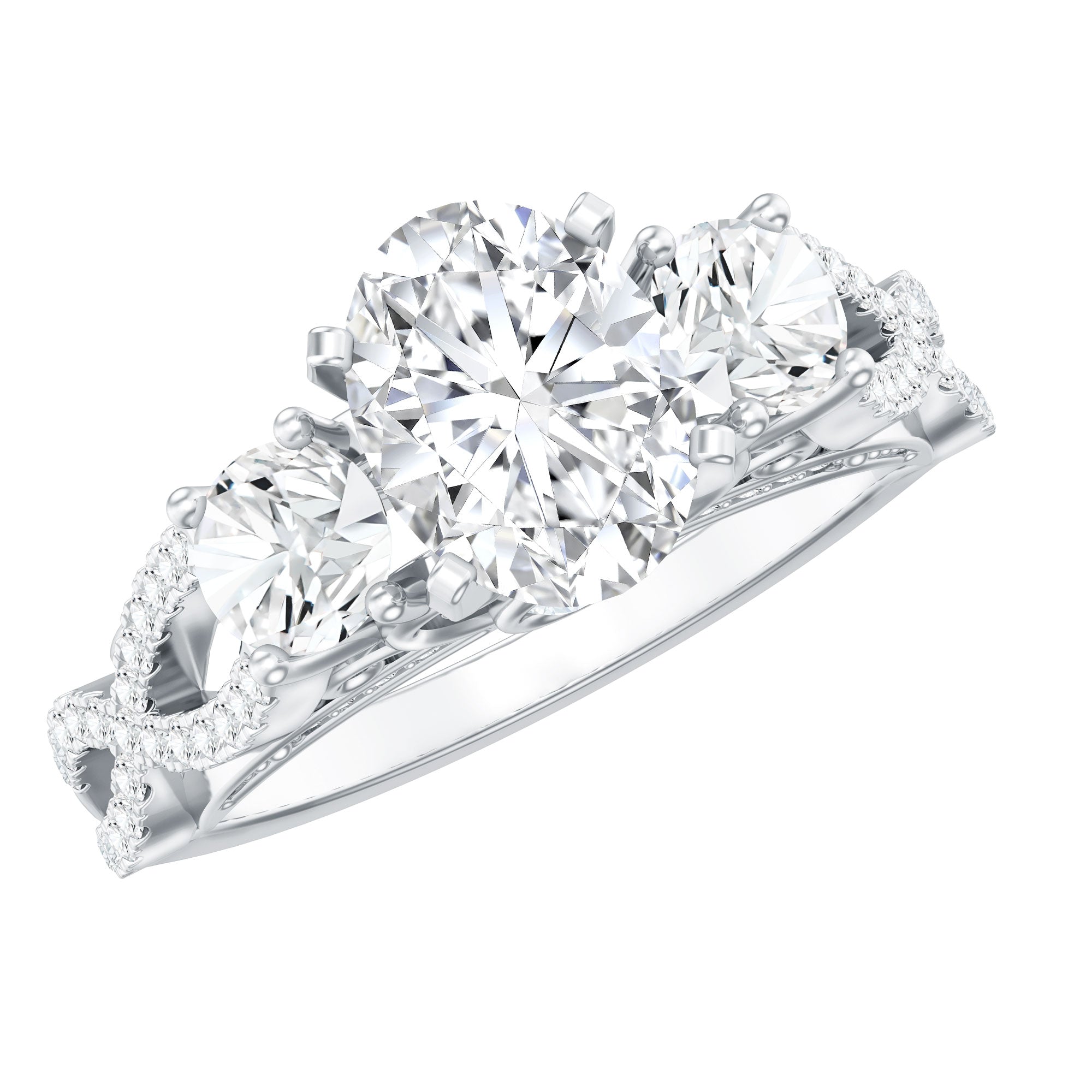Certified Moissanite Three Stone Engagement Ring with Crossover Shank