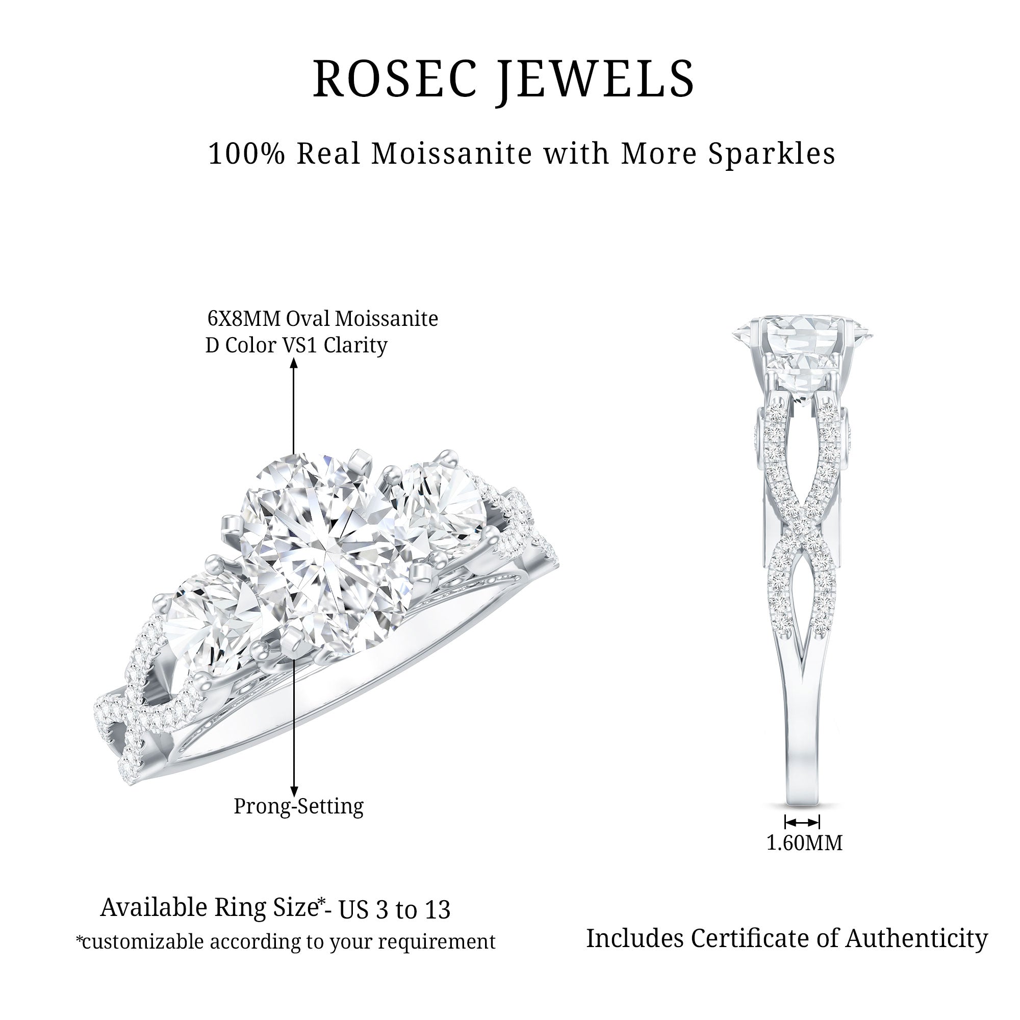 Certified Moissanite Three Stone Engagement Ring with Crossover Shank D-VS1 - Rosec Jewels