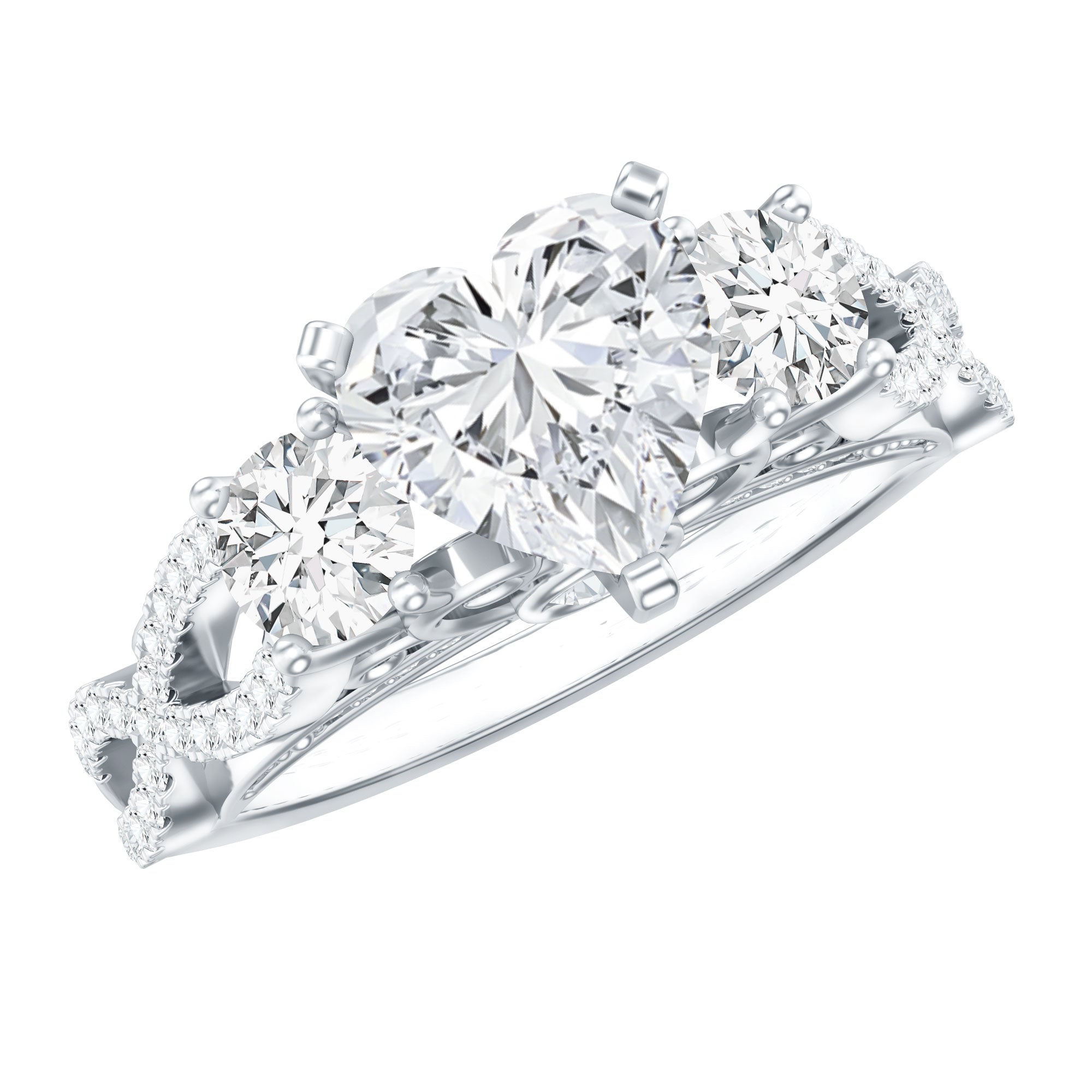 Rosec Jewels-1.5 Carat Heart Moissanite 3 Stone Engagement Ring in Crossover Band
