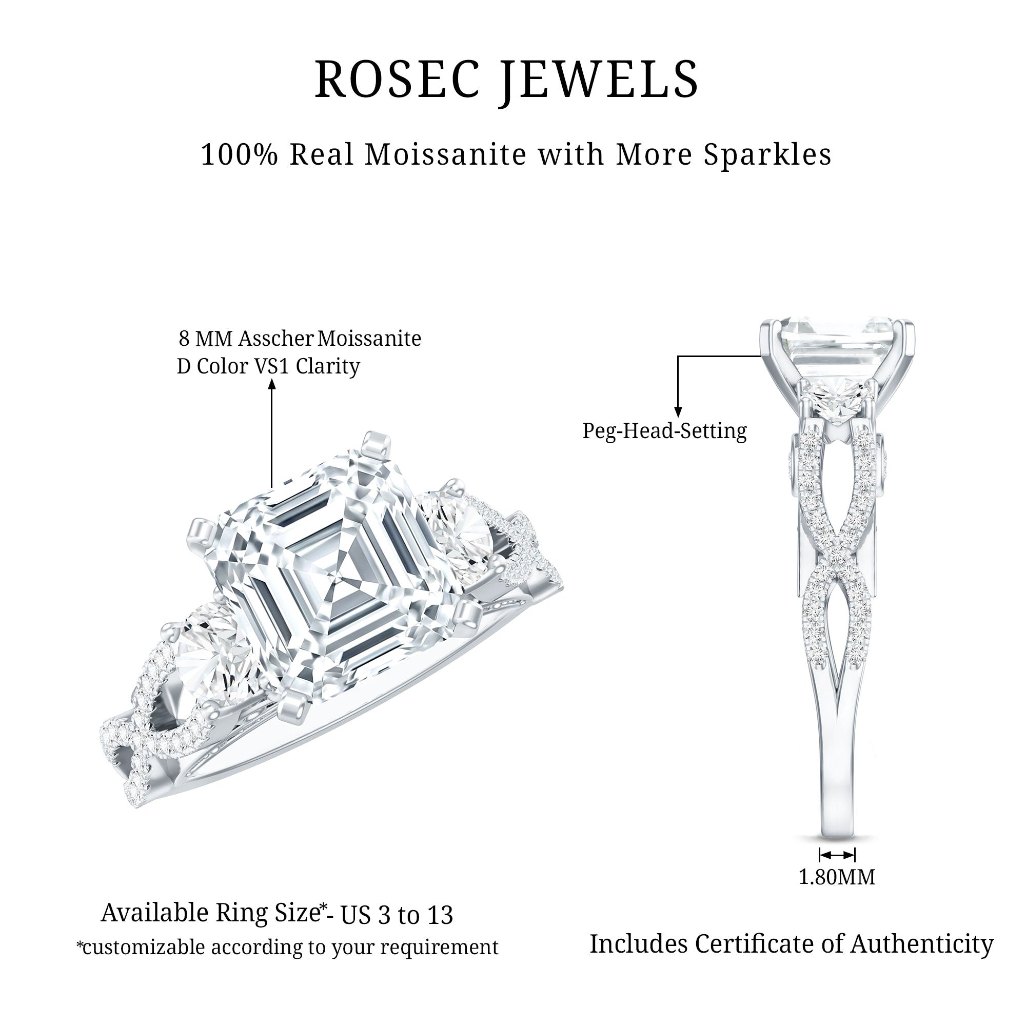Asscher Cut Certified Moissanite Vintage Looking Engagement Ring D-VS1 - Rosec Jewels