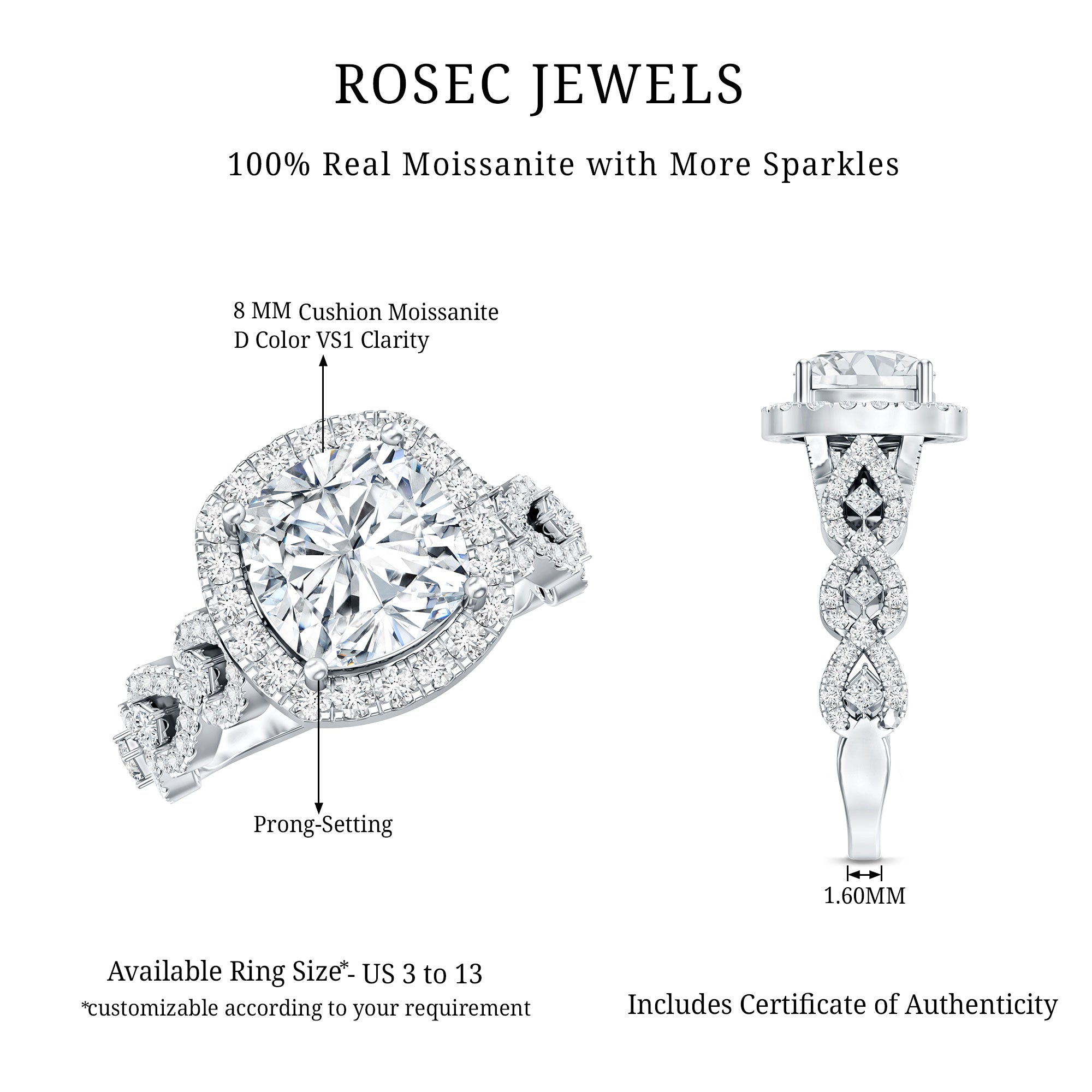8 MM Cushion Cut Moissanite Vintage Inspired Engagement Ring D-VS1 - Rosec Jewels