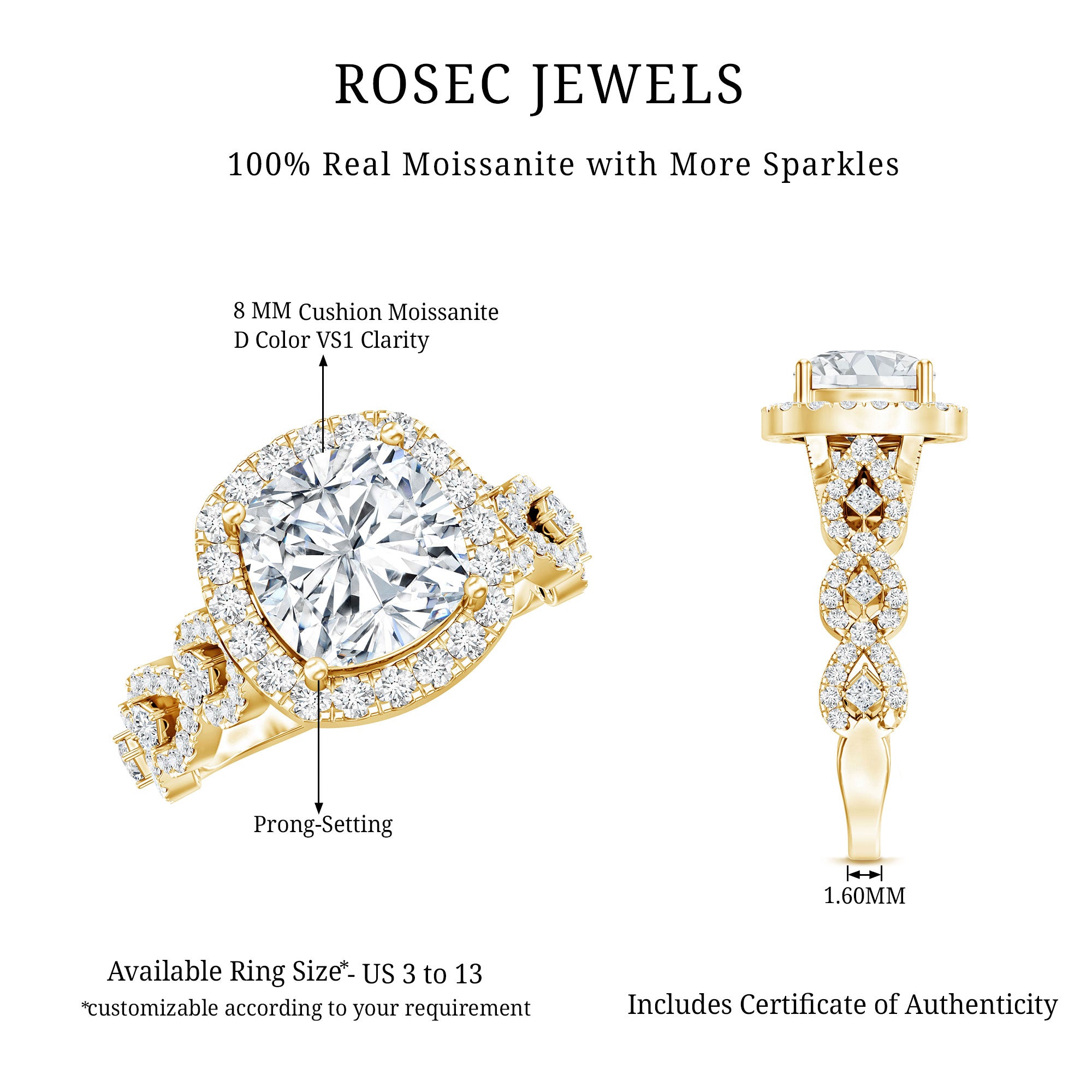8 MM Cushion Cut Moissanite Vintage Inspired Engagement Ring D-VS1 - Rosec Jewels