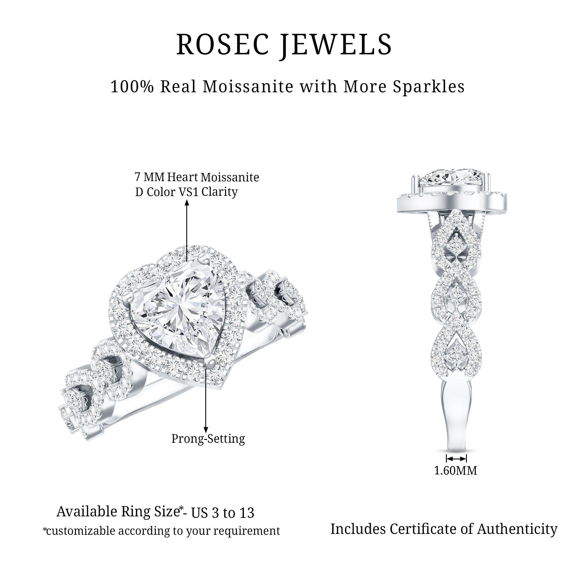 1.5 CT Heart Shape Moissanite Engagement Ring with Accent D-VS1 - Rosec Jewels