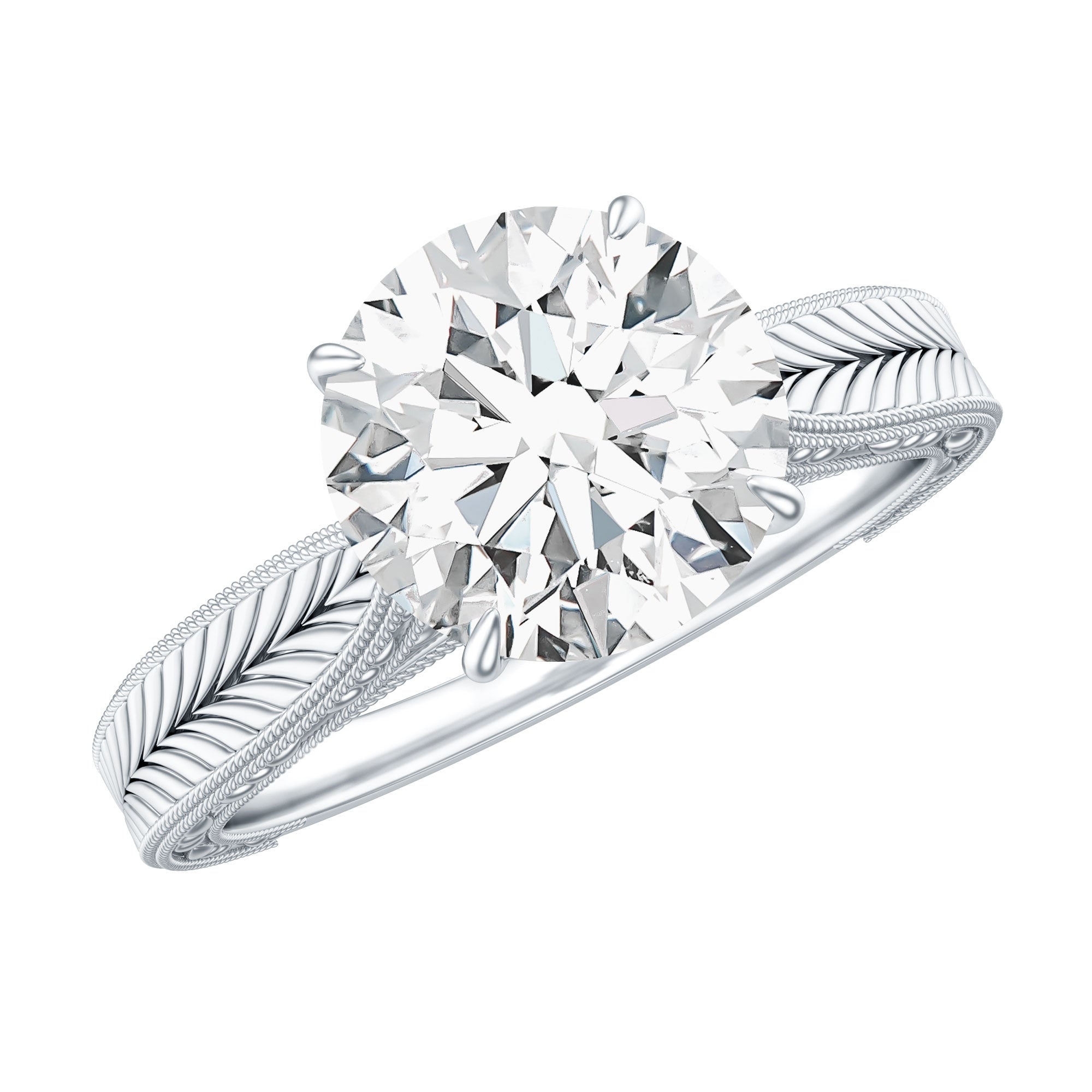 Claw Set Round Moissanite Engraved Engagement Ring