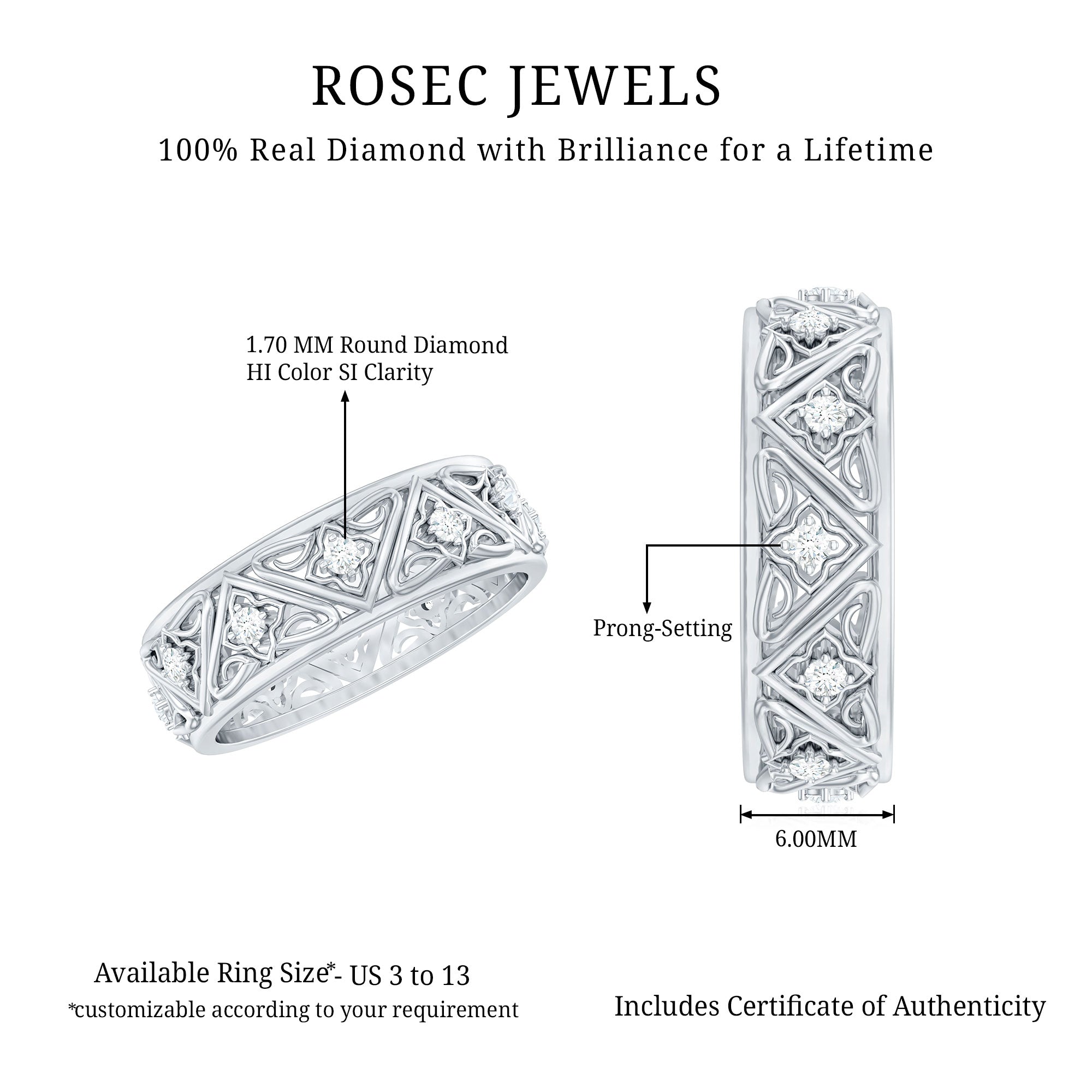Vintage Style Diamond Wedding Band Ring Natural - ( HI-SI ) - Rosec Jewels