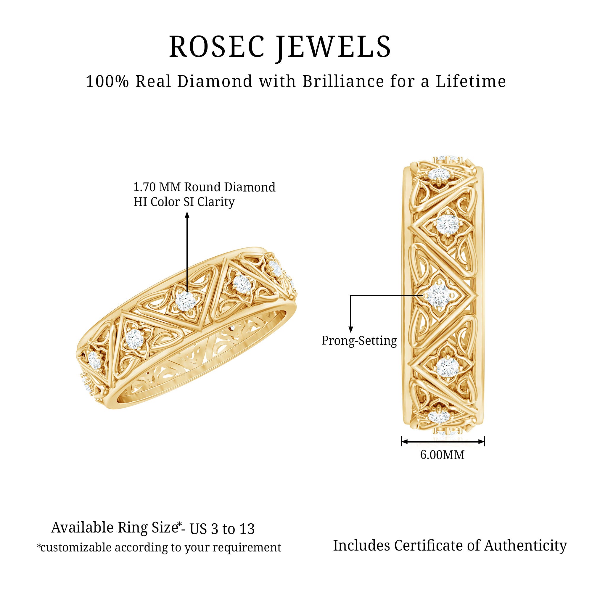 Vintage Style Diamond Wedding Band Ring Natural - ( HI-SI ) - Rosec Jewels