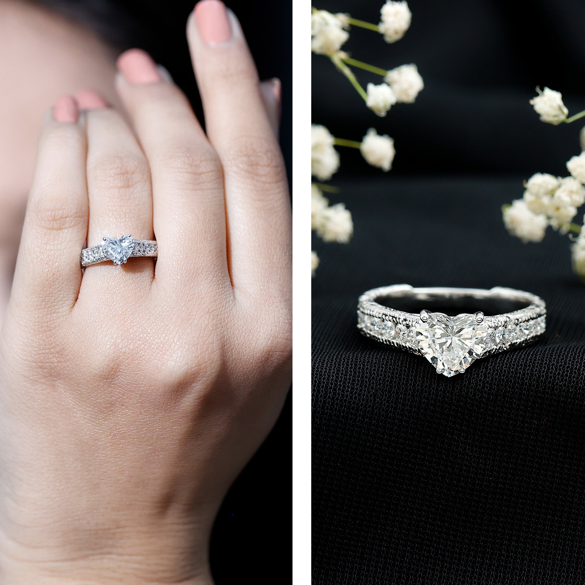 2 CT Moissanite Heart Engagement Ring with Beaded Details D-VS1 - Rosec Jewels