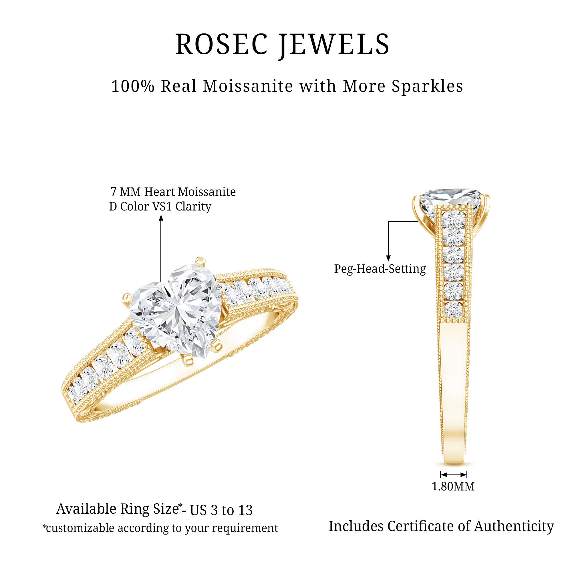 2 CT Moissanite Heart Engagement Ring with Beaded Details D-VS1 - Rosec Jewels