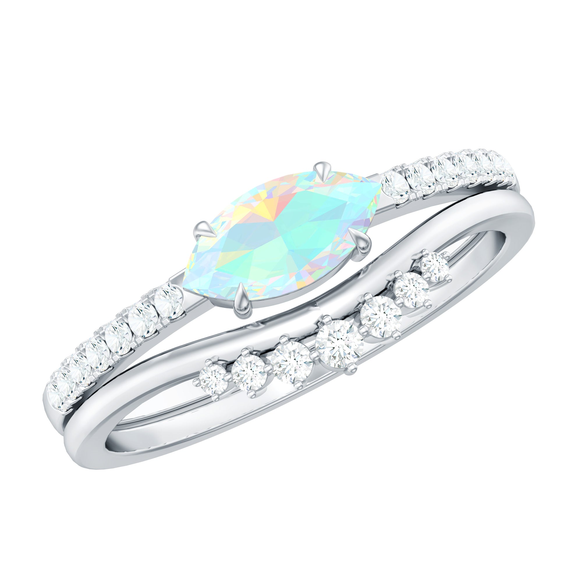 Natural Ethiopian Rainbow Opal Diamond East West Engagement Ring Wedding Band Set