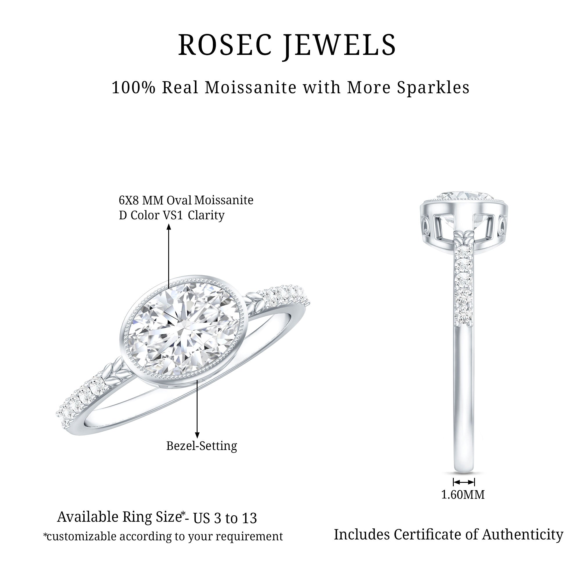 Rosec Jewels-Moissanite East West Engagement Ring in Bezel Setting