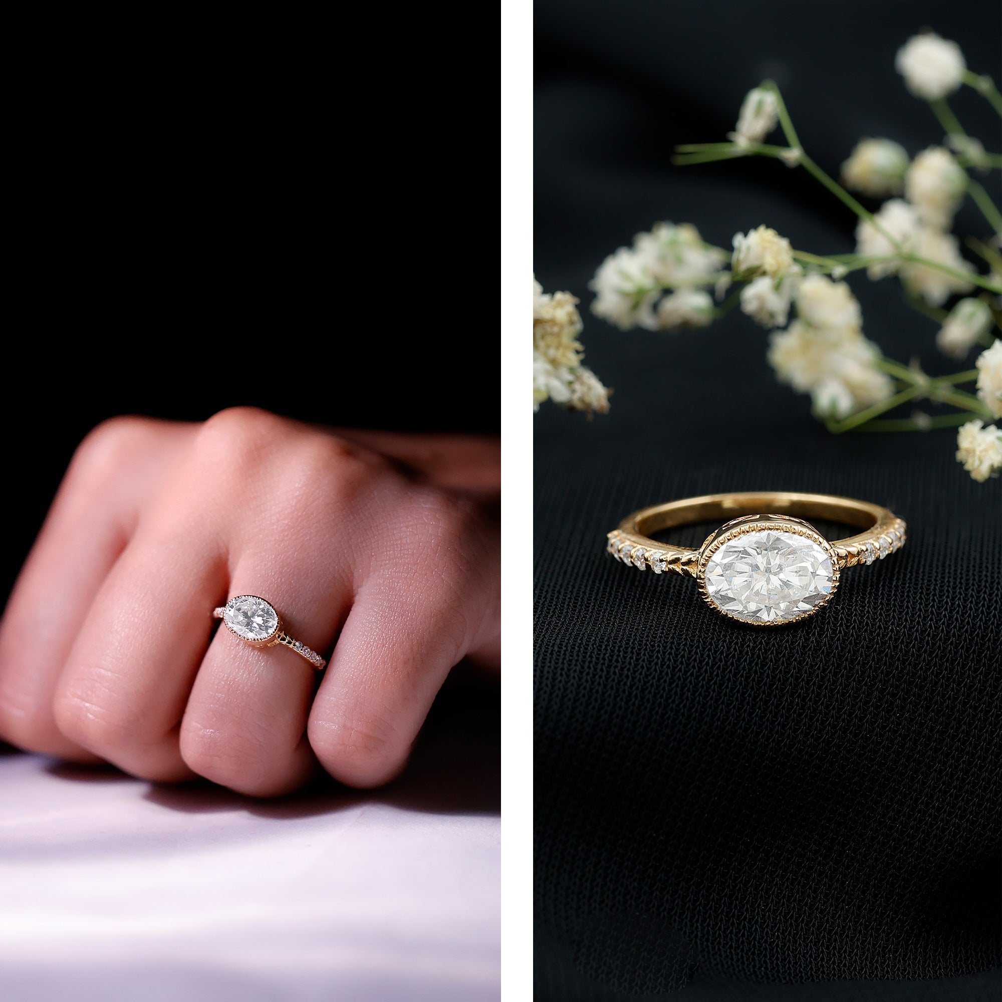 Rosec Jewels-Moissanite East West Engagement Ring in Bezel Setting