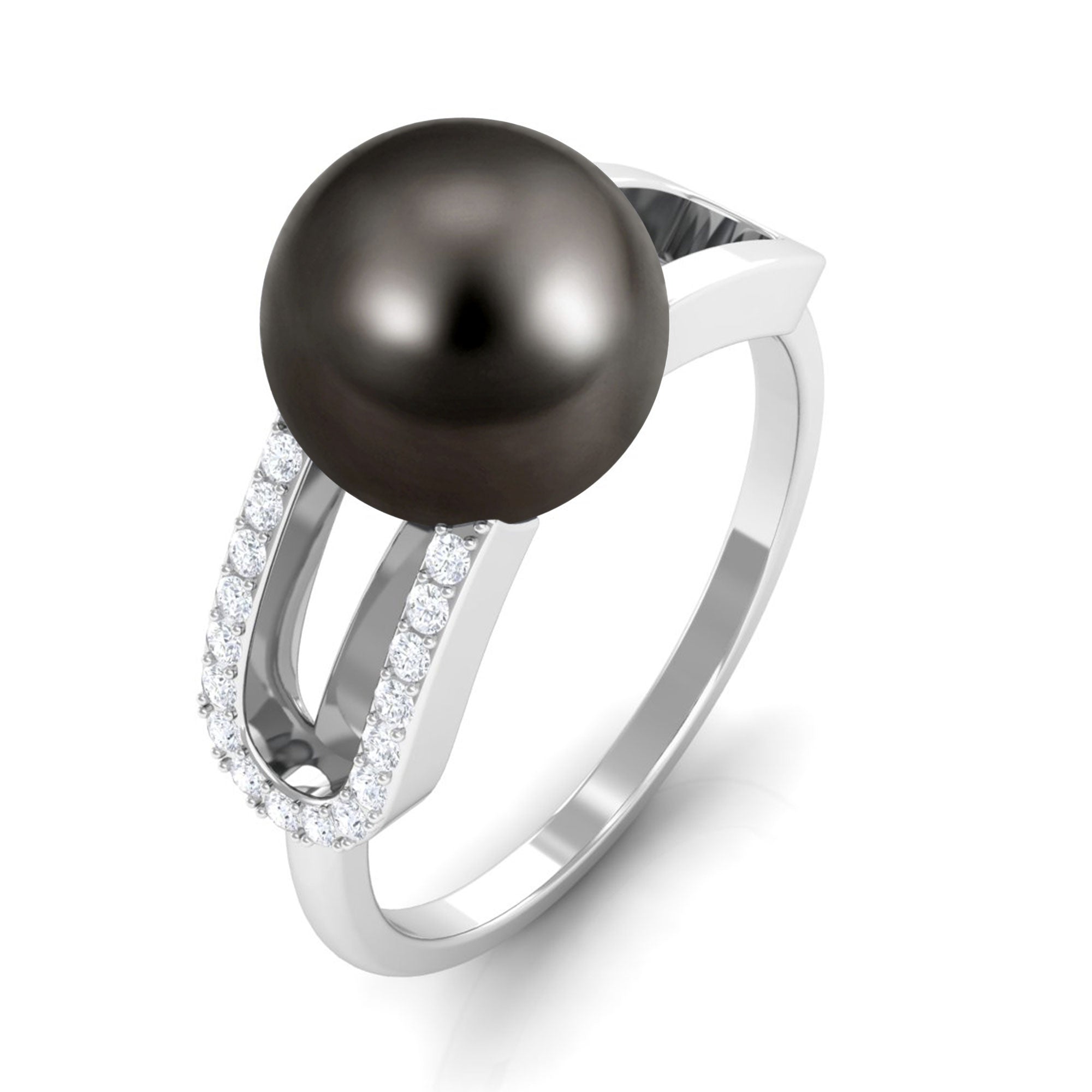 Split Shank Tahitian Pearl Solitaire Engagement Ring with Diamond AAA - Rosec Jewels