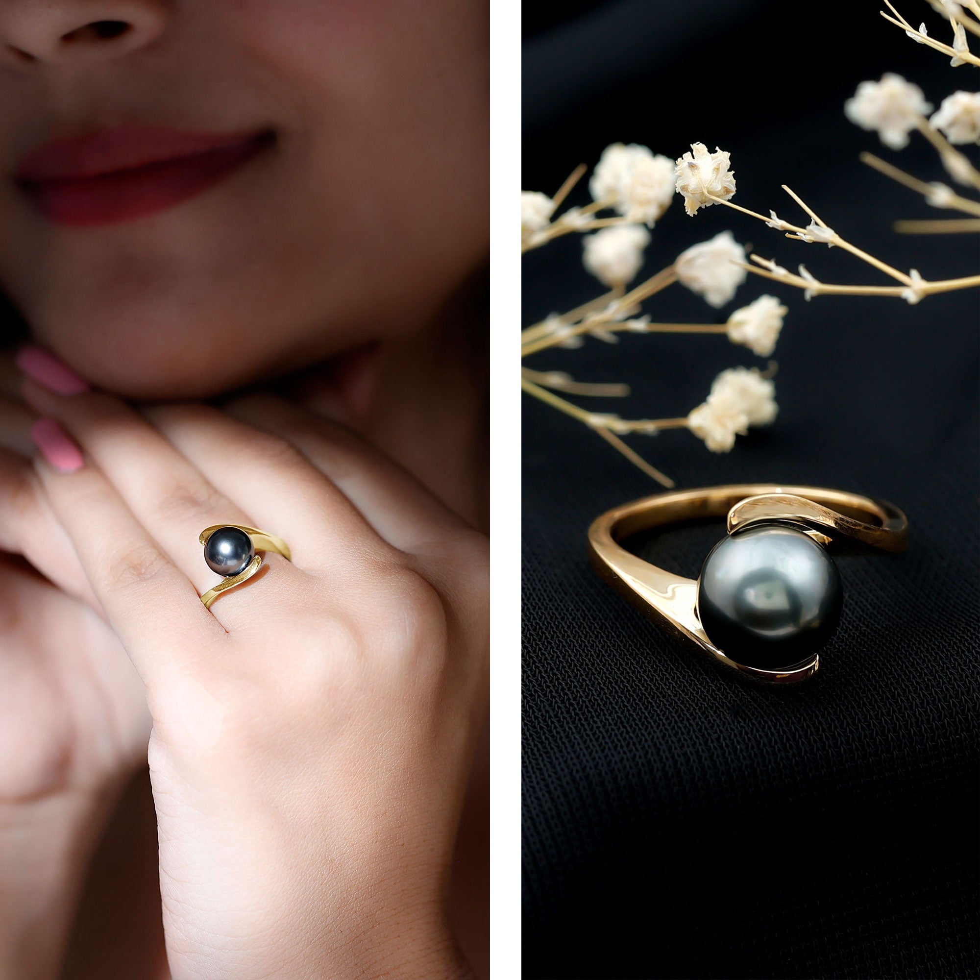 Tahitian Black Pearl Solitaire Bypass Engagement Ring AAA - Rosec Jewels