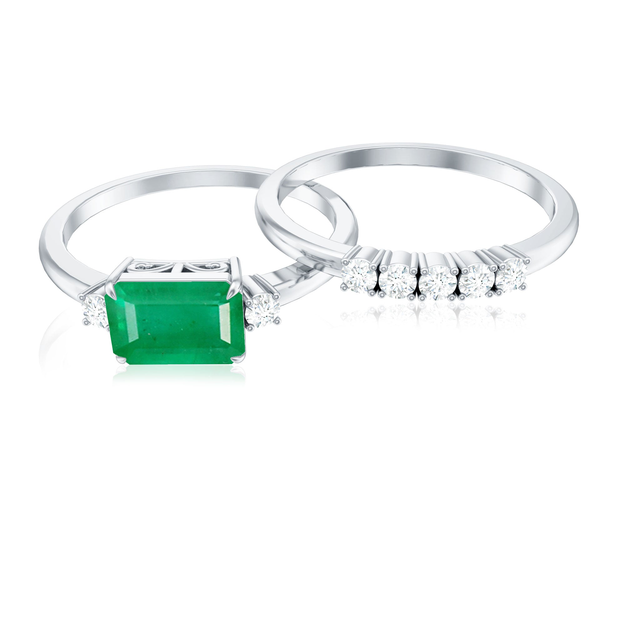 Natural Emerald Cut Emerald Diamond East West Engagement Ring and Wedding Band Set AAA - Rosec Jewels