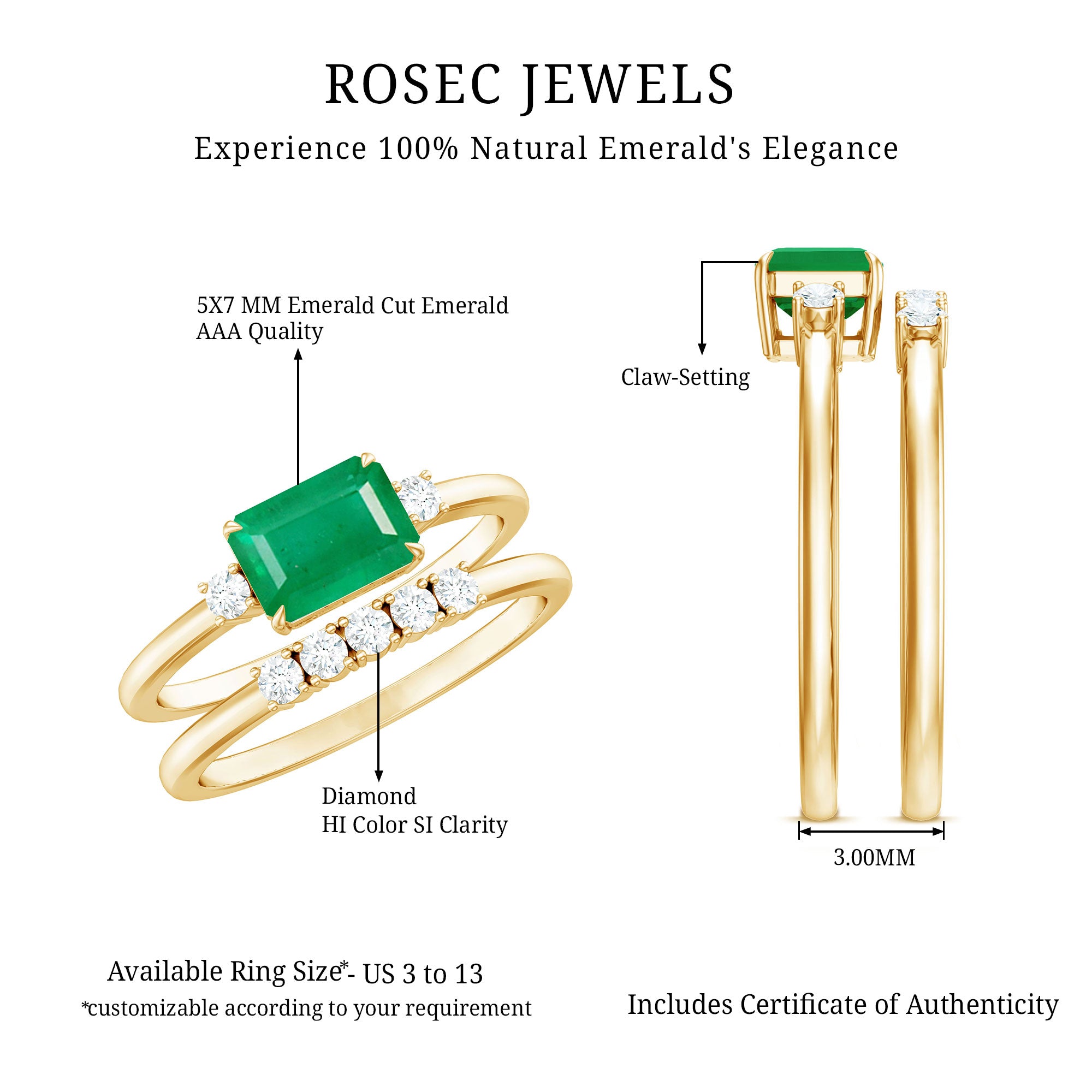 Natural Emerald Cut Emerald Diamond East West Engagement Ring and Wedding Band Set AAA - Rosec Jewels
