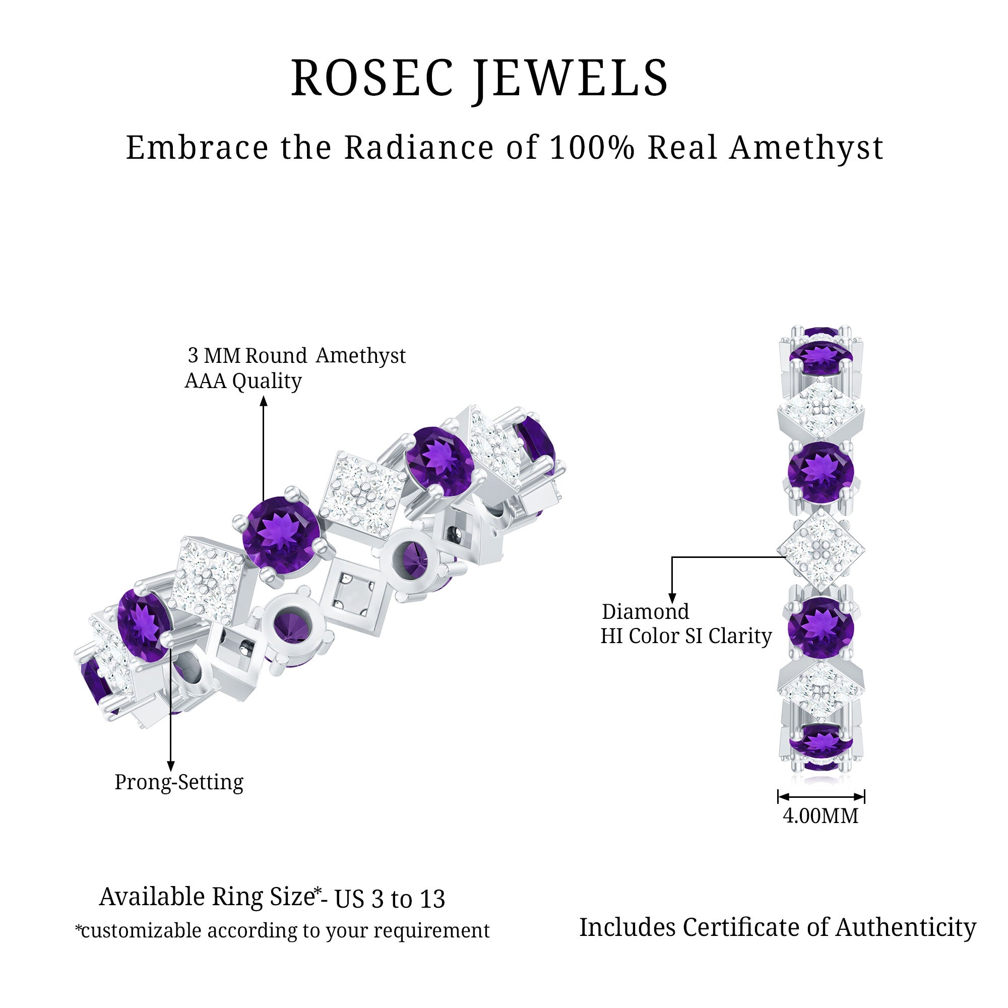Natural Amethyst Diamond Eternity Ring for Women AAA - Rosec Jewels