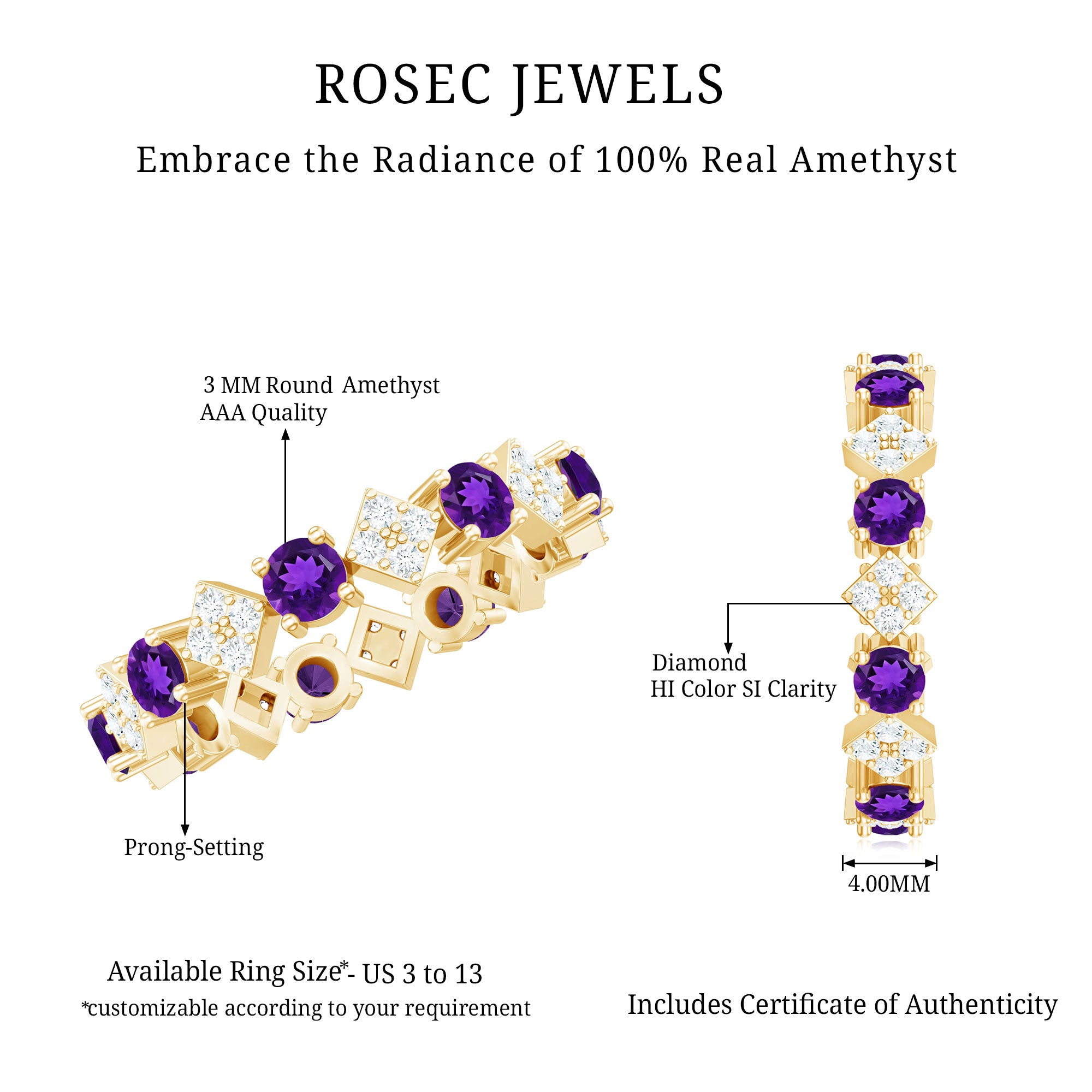 Natural Amethyst Diamond Eternity Ring for Women AAA - Rosec Jewels