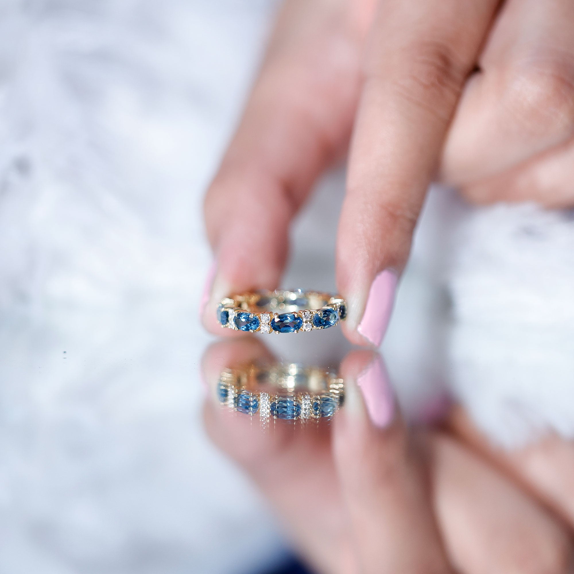 Oval Cut London Blue Topaz Full Eternity Band with Diamond AAA - Rosec Jewels