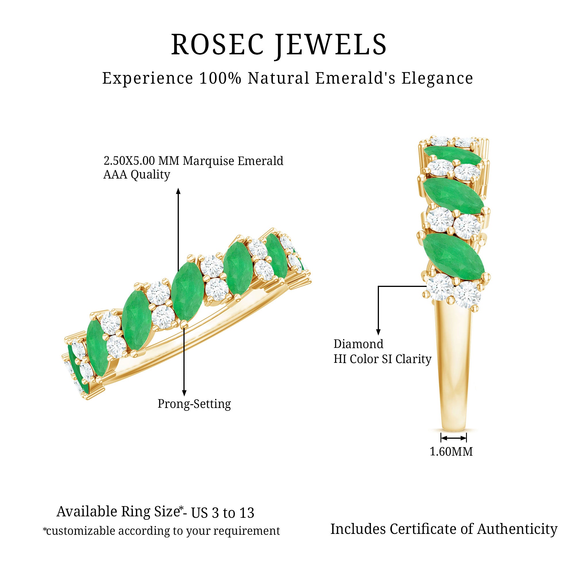 Natural Emerald Diamond Half Eternity Band Ring for Anniversary AAA - Rosec Jewels