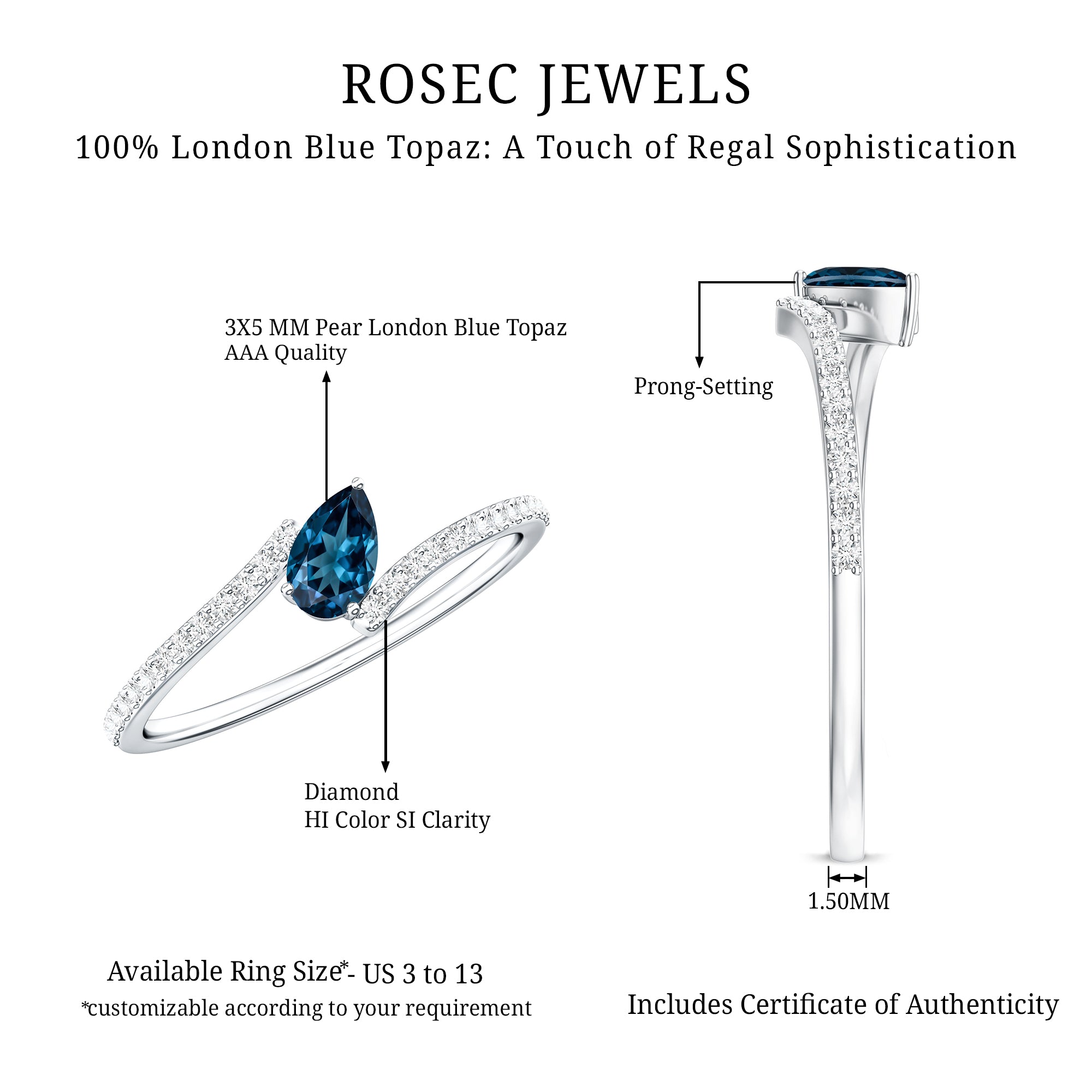 Genuine London Blue Topaz Promise Ring with Diamond AAA - Rosec Jewels