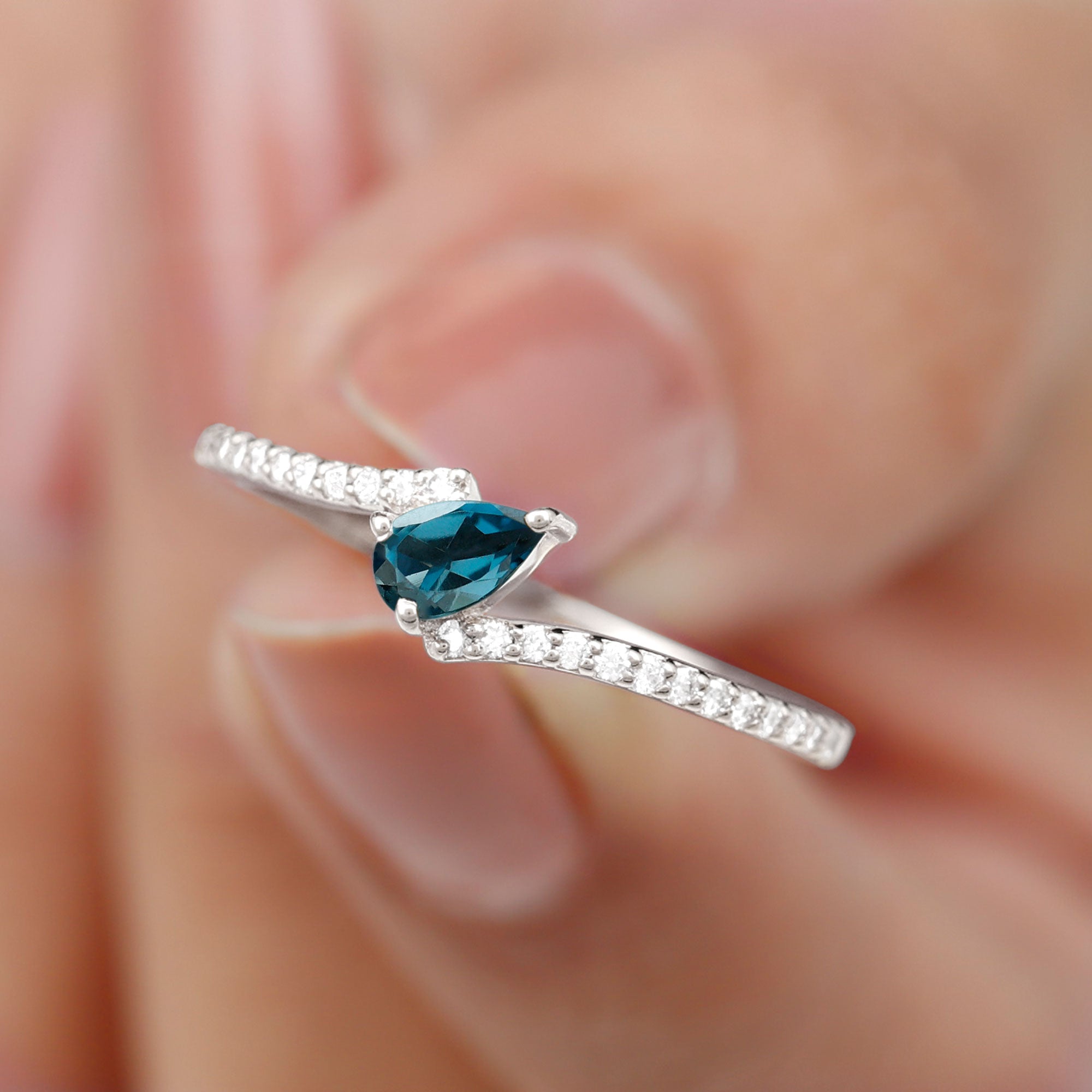 Rosec Jewels-Genuine London Blue Topaz Promise Ring with Diamond