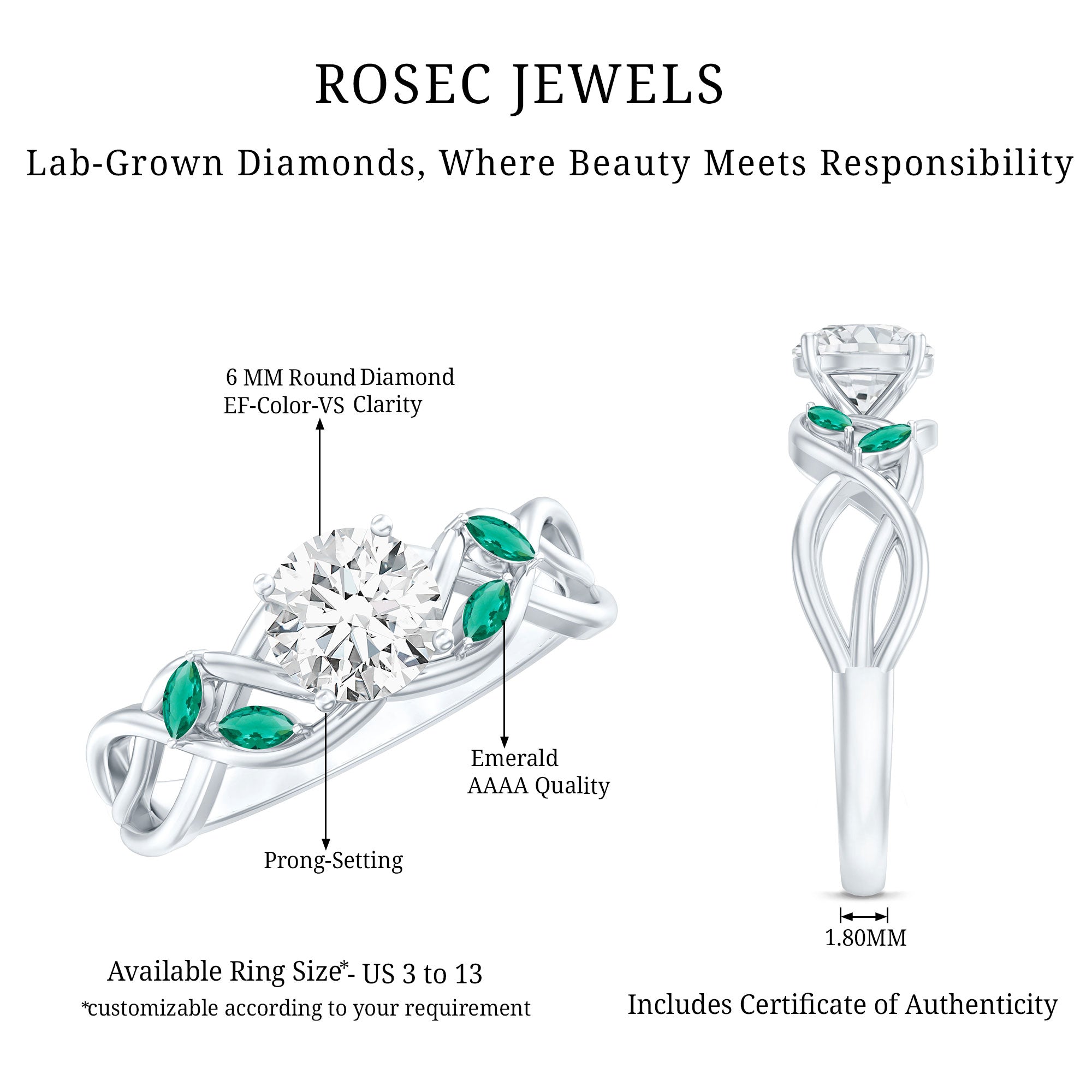 Lab Grown Diamond Engagement Ring With Emerald Lab - ( EF-VS ) - Rosec Jewels