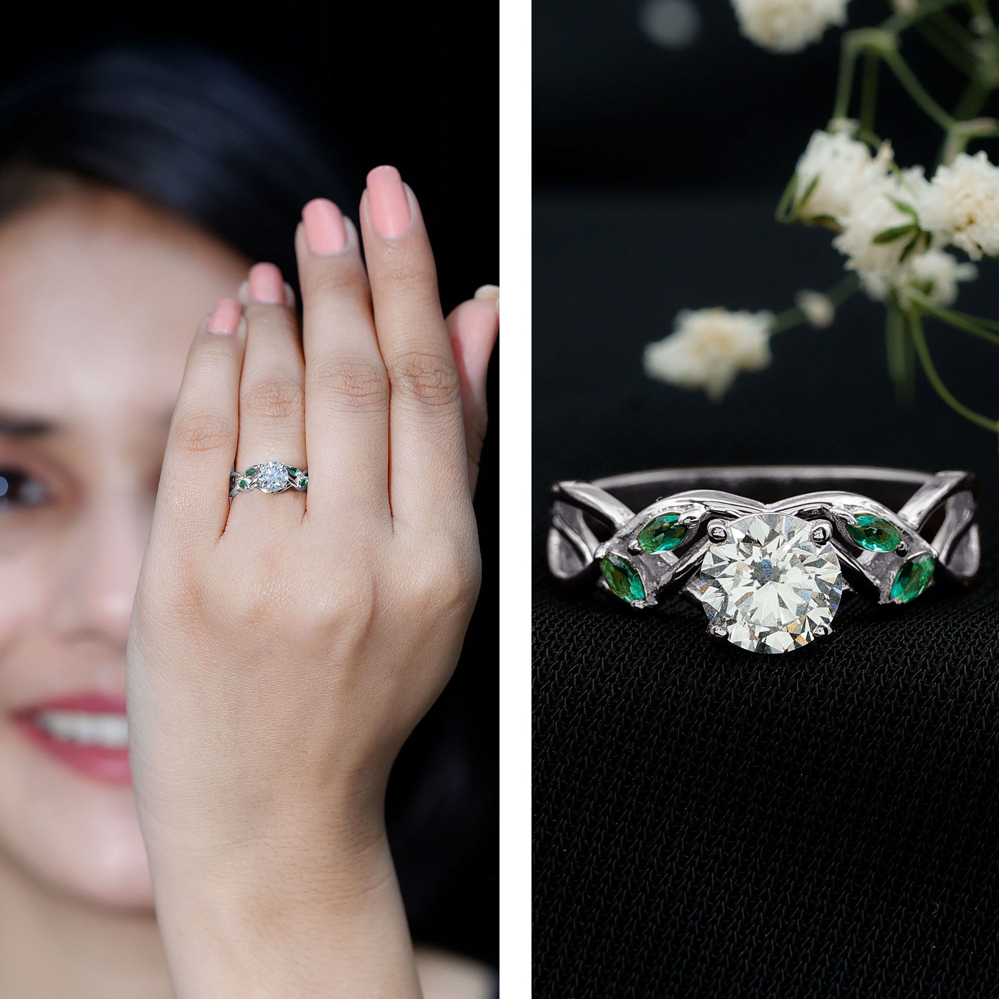 Lab Grown Diamond Engagement Ring With Emerald Lab - ( EF-VS ) - Rosec Jewels