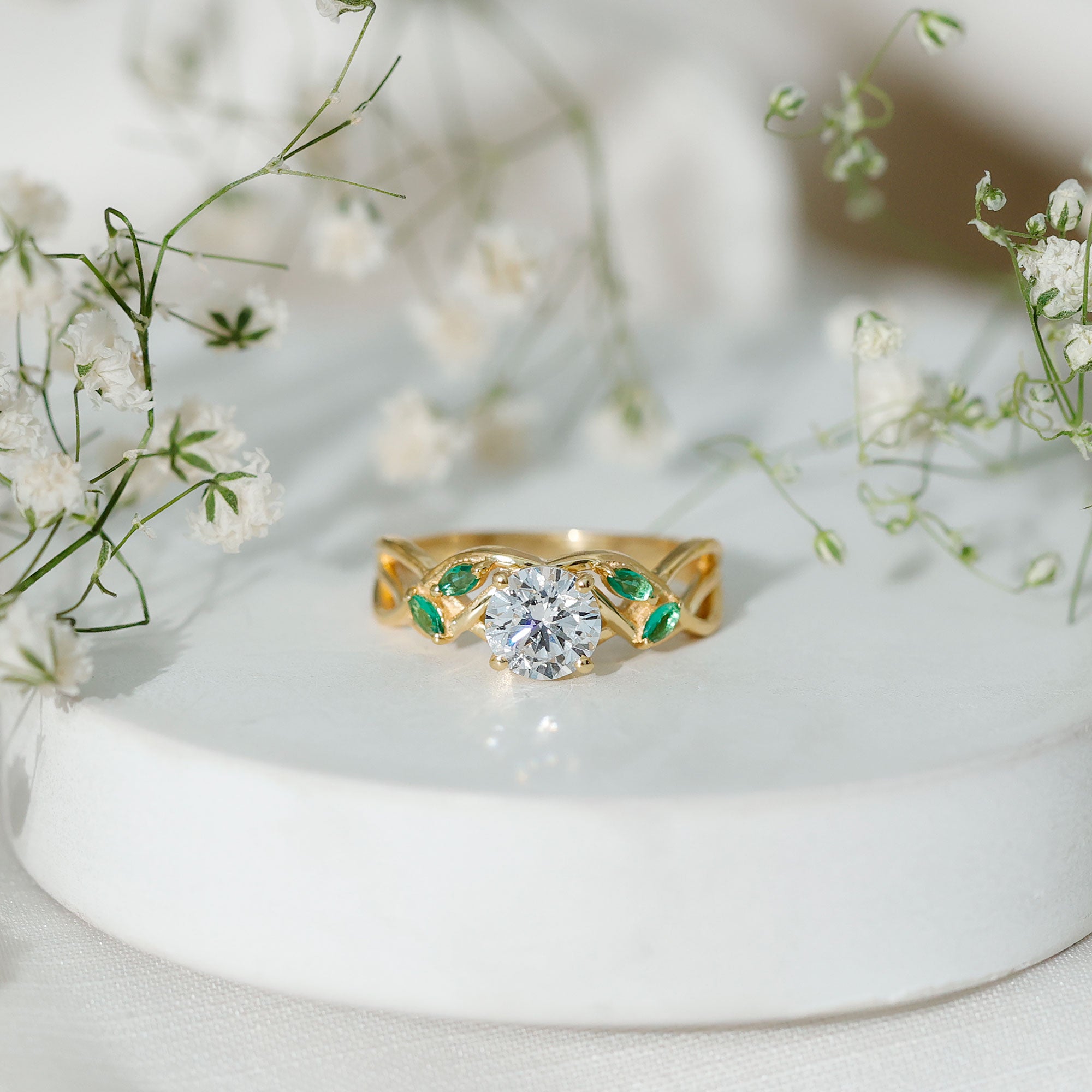 Lab Grown Diamond Engagement Ring With Emerald Lab - ( EF-VS ) - Rosec Jewels