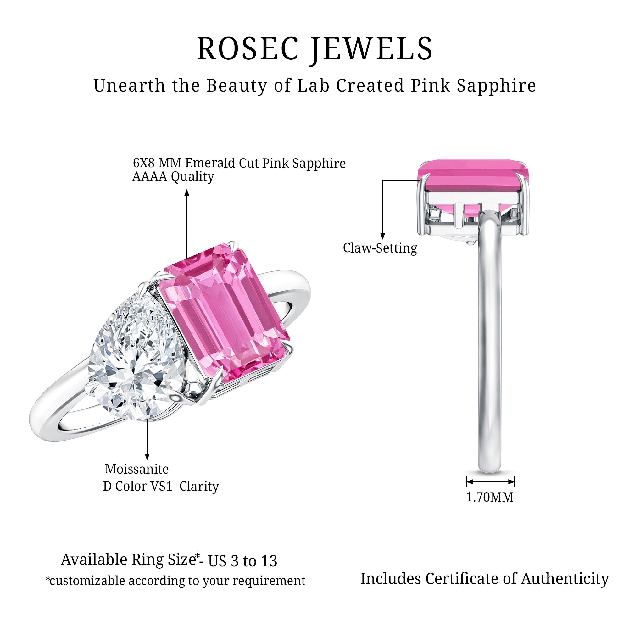 Lab Created Pink Sapphire and Moissanite Toi Et Moi Engagement Ring for Women AAAA - Rosec Jewels