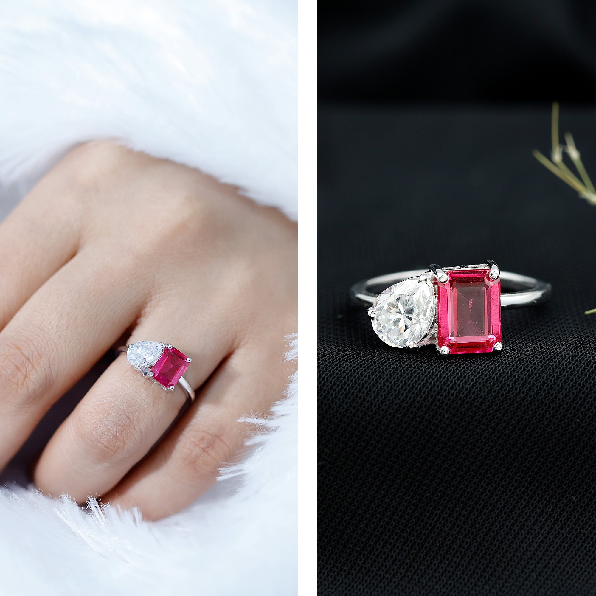 Lab Created Pink Sapphire and Moissanite Toi Et Moi Engagement Ring for Women AAAA - Rosec Jewels