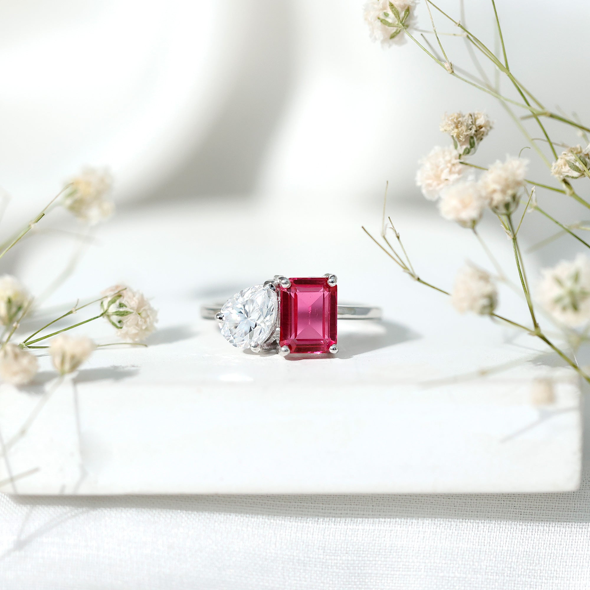 Lab Created Pink Sapphire and Moissanite Toi Et Moi Engagement Ring for Women AAAA - Rosec Jewels