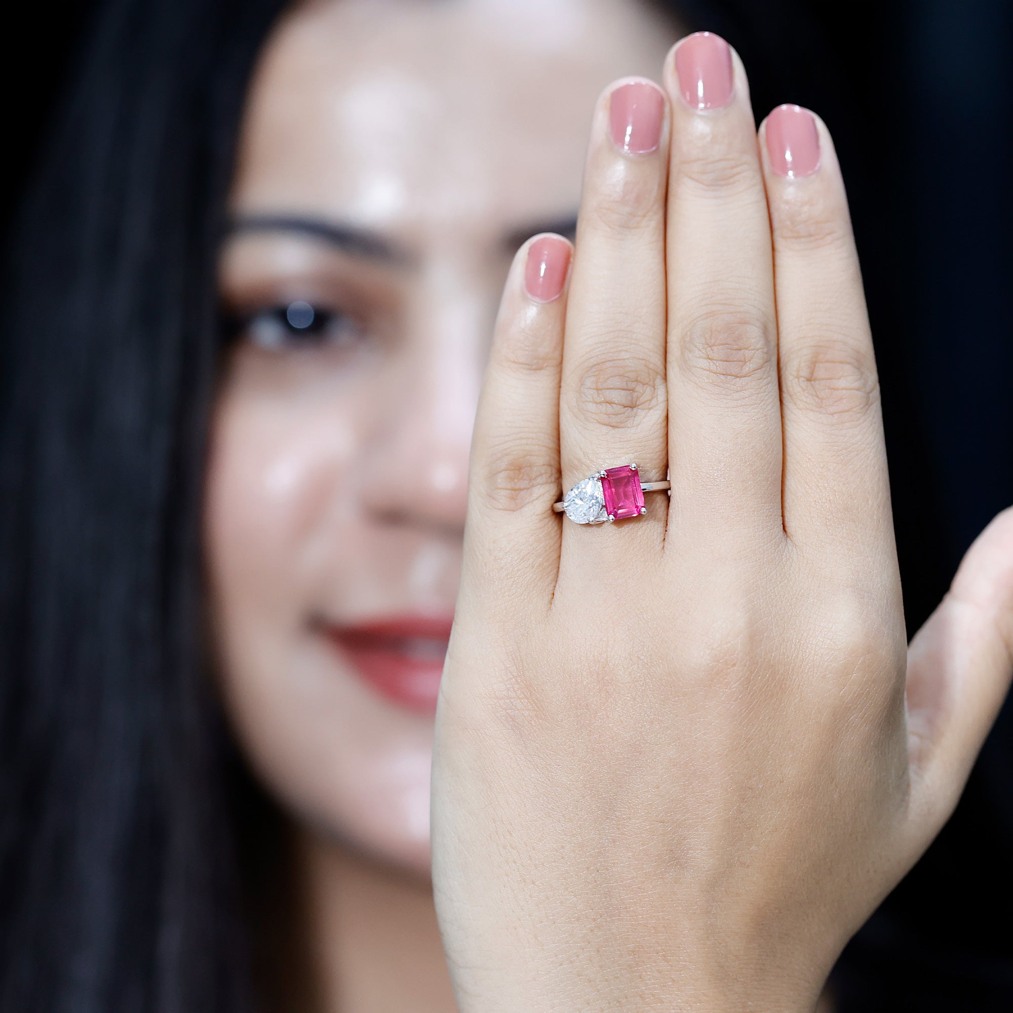Lab Created Pink Sapphire and Moissanite Toi Et Moi Engagement Ring for Women AAAA - Rosec Jewels
