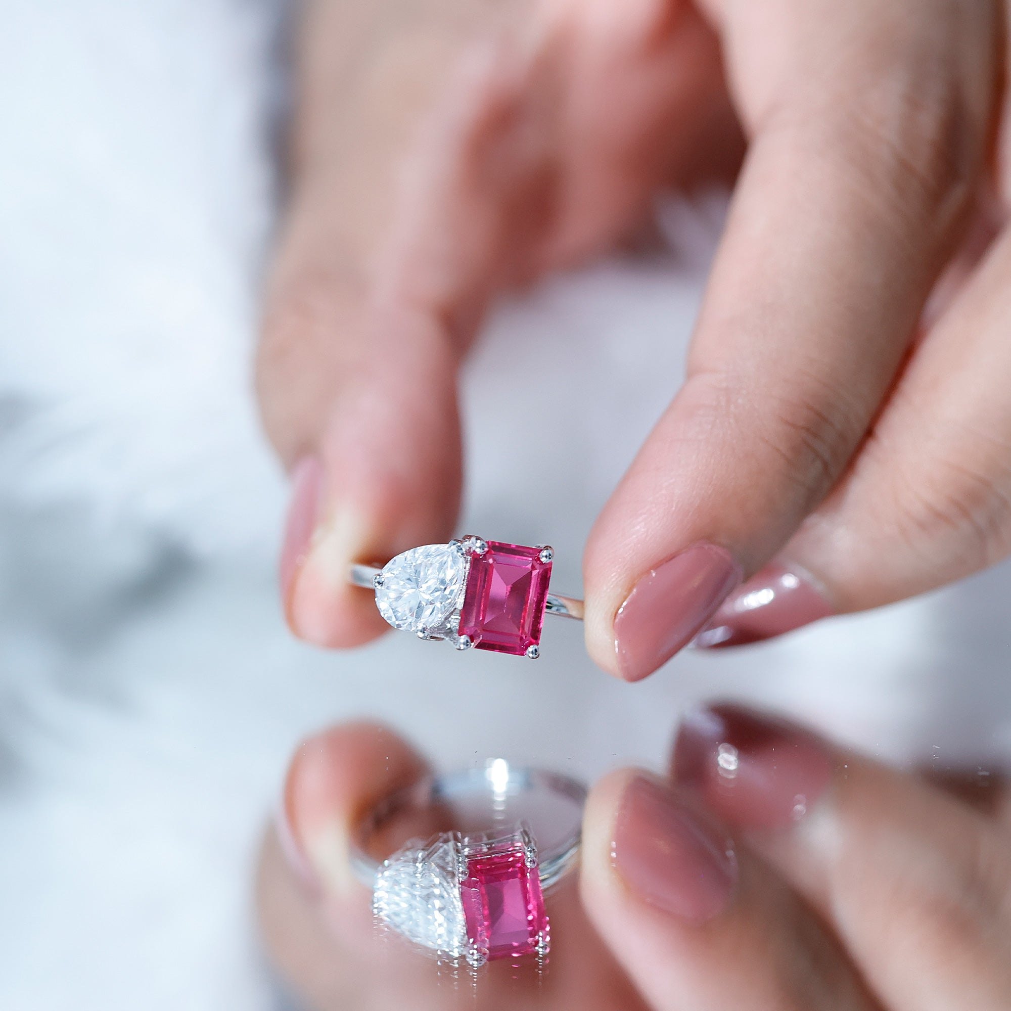 Lab Created Pink Sapphire and Moissanite Toi Et Moi Engagement Ring for Women AAAA - Rosec Jewels