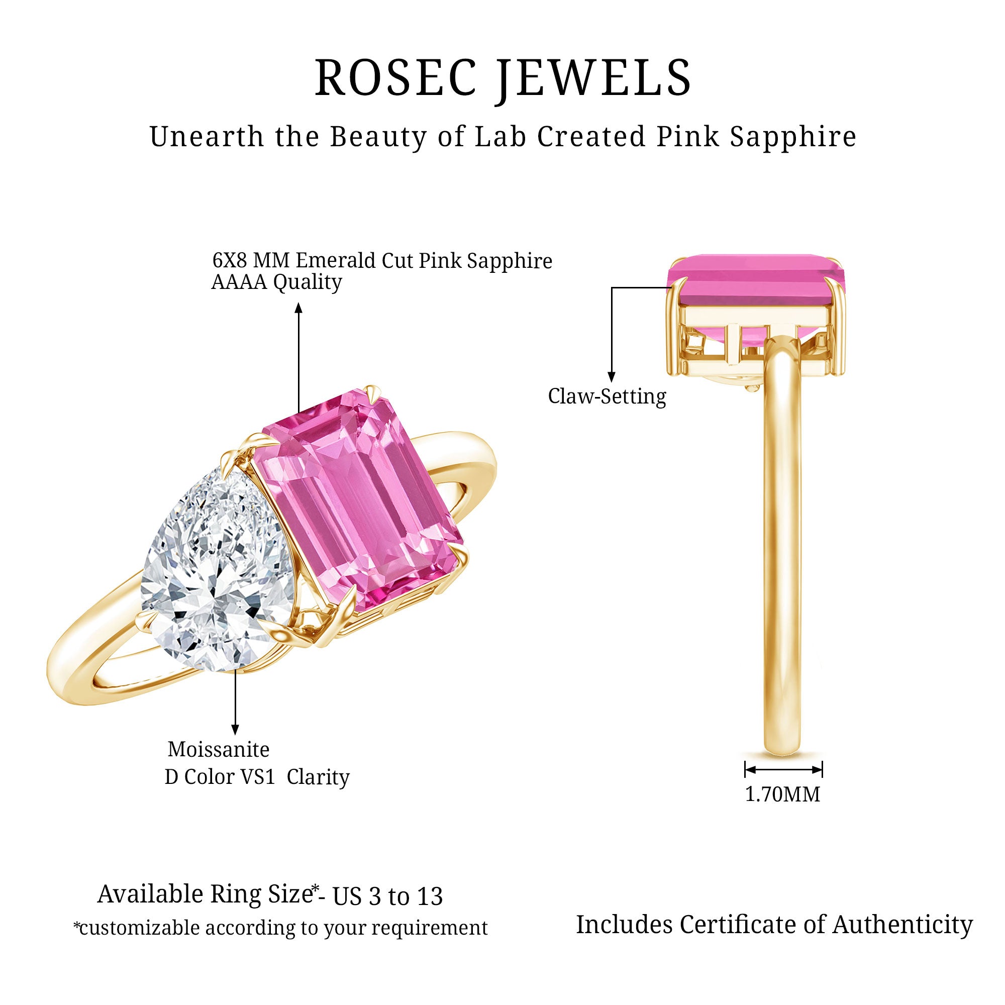 Lab Created Pink Sapphire and Moissanite Toi Et Moi Engagement Ring for Women AAAA - Rosec Jewels