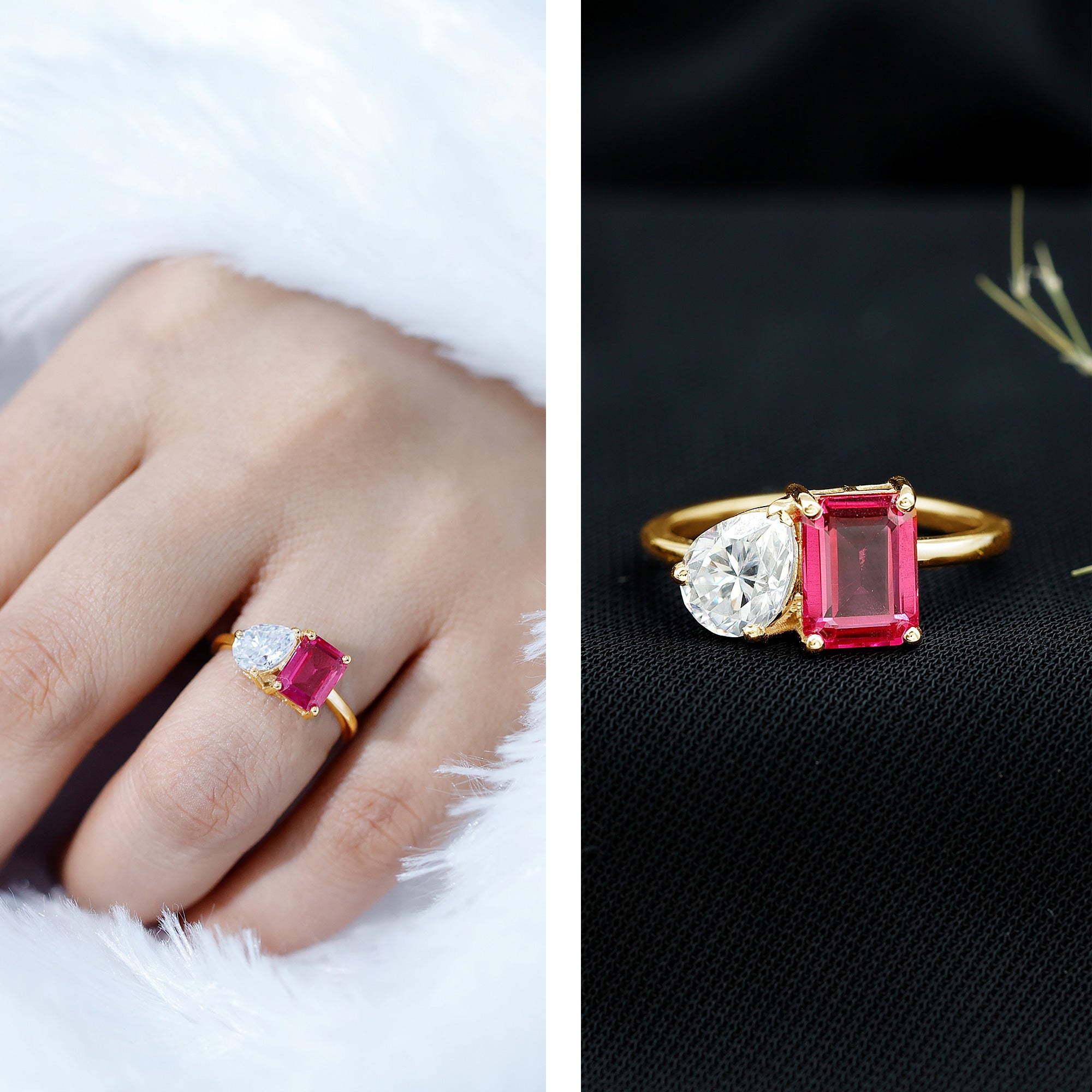 Lab Created Pink Sapphire and Moissanite Toi Et Moi Engagement Ring for Women AAAA - Rosec Jewels