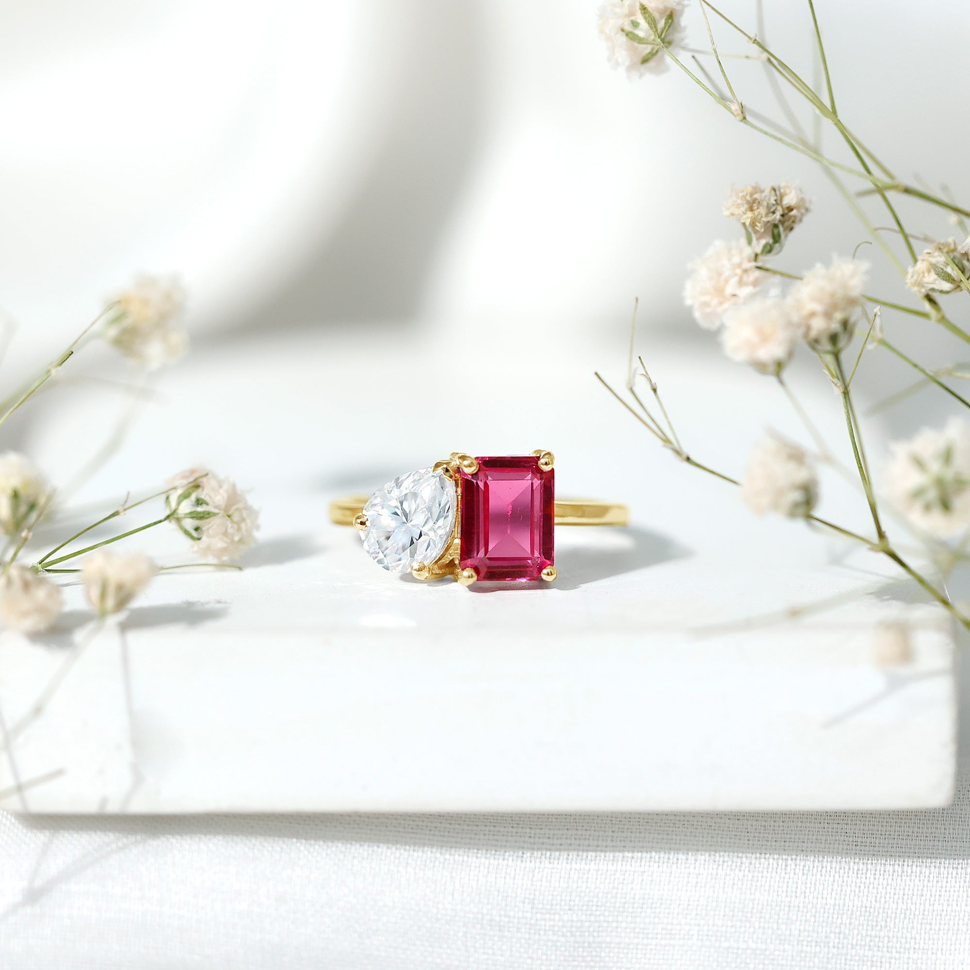 Lab Created Pink Sapphire and Moissanite Toi Et Moi Engagement Ring for Women AAAA - Rosec Jewels