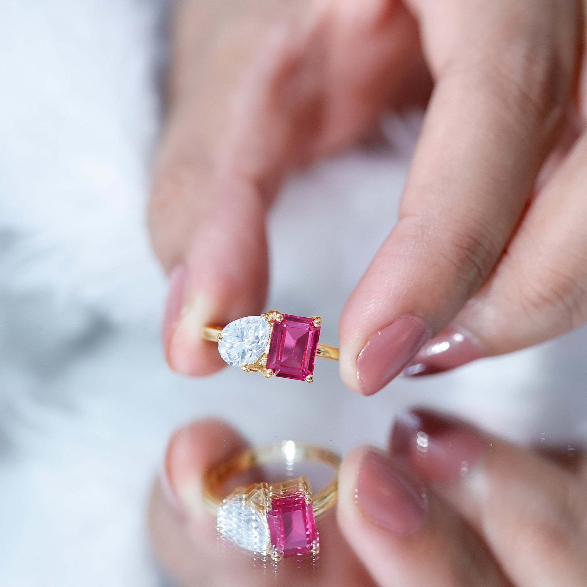 Lab Created Pink Sapphire and Moissanite Toi Et Moi Engagement Ring for Women AAAA - Rosec Jewels